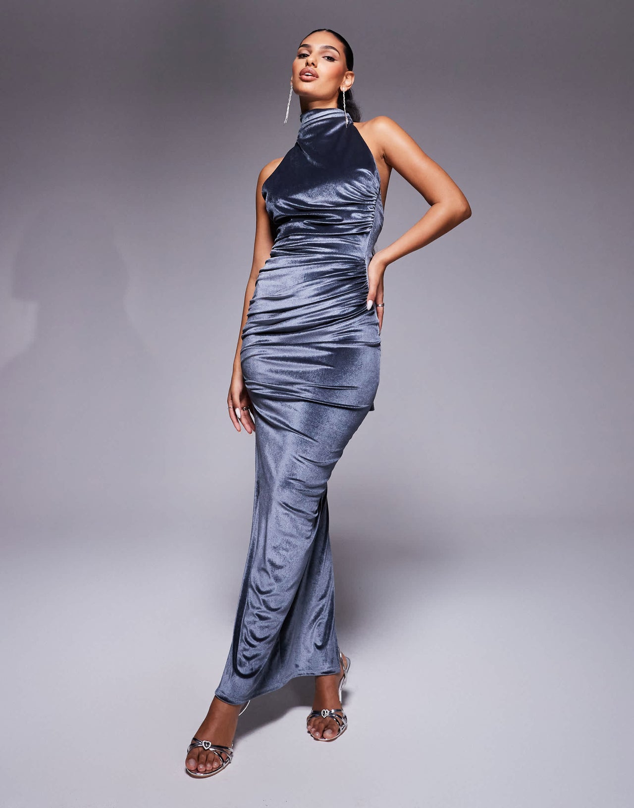 ASOS DESIGN velvet twist bust detail halter maxi dress with tie back neck in charcoal