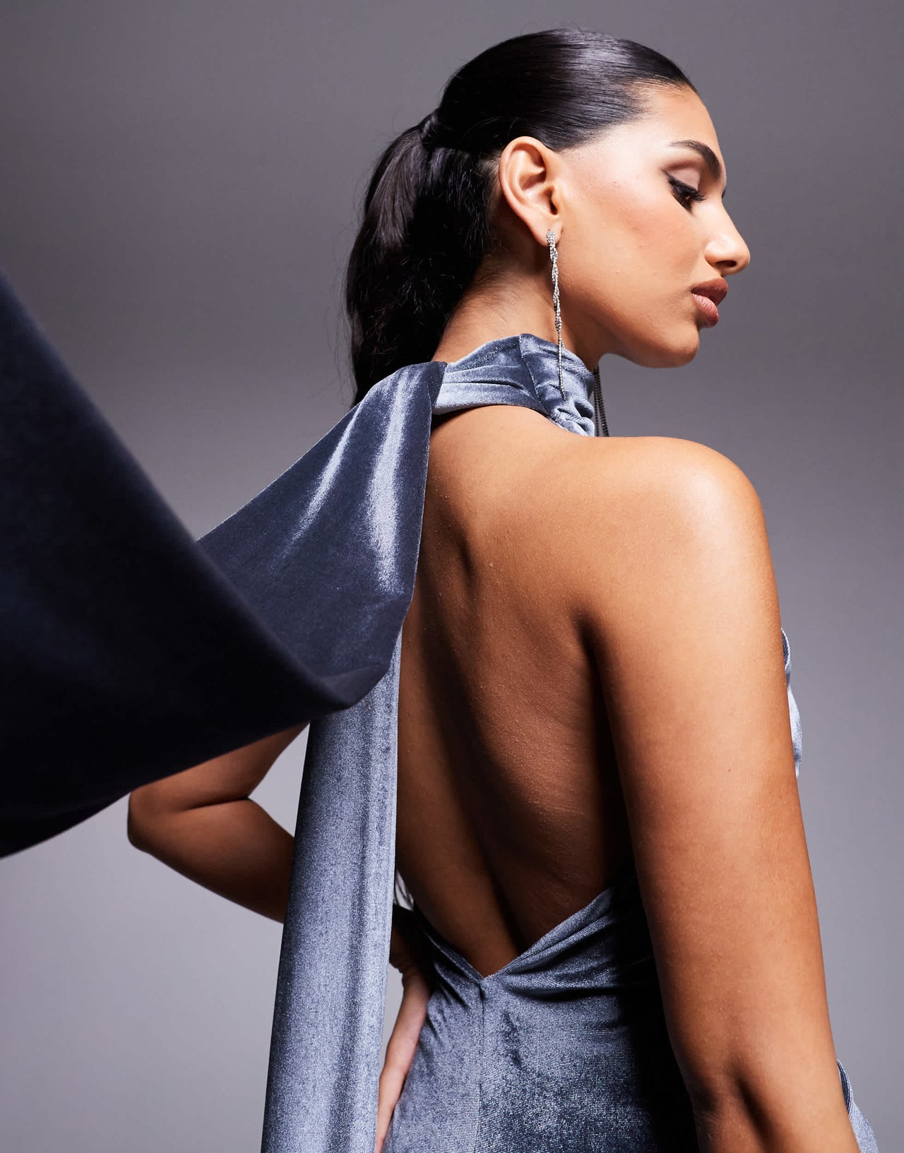 ASOS DESIGN velvet twist bust detail halter maxi dress with tie back neck in charcoal