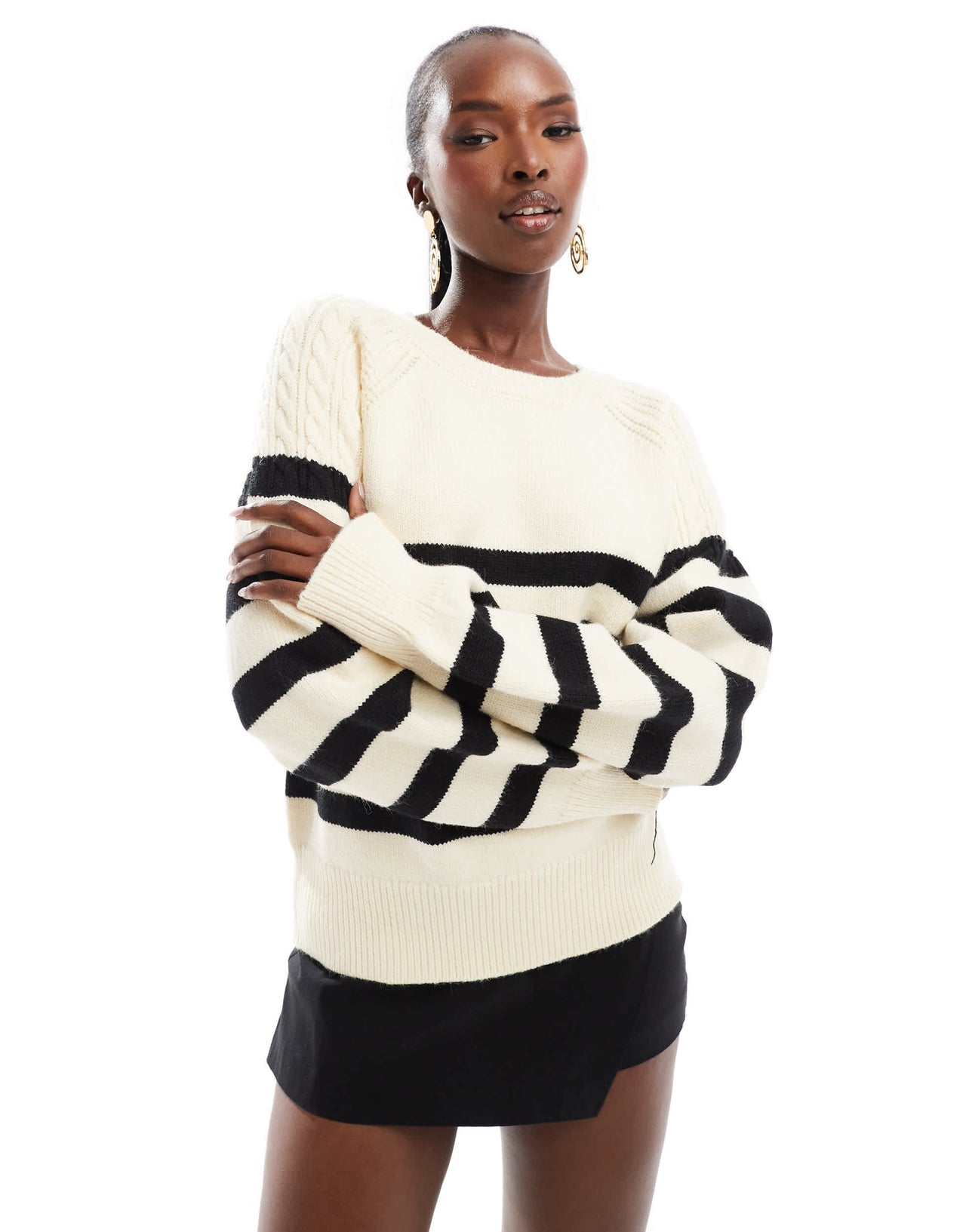 French Connection crew neck knitted jumper in cream and black stripe