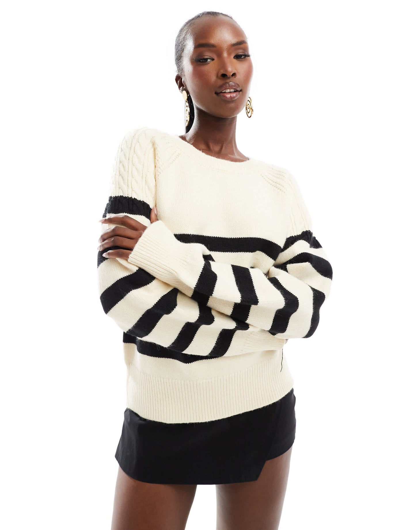 French Connection crew neck knitted jumper in cream and black stripe