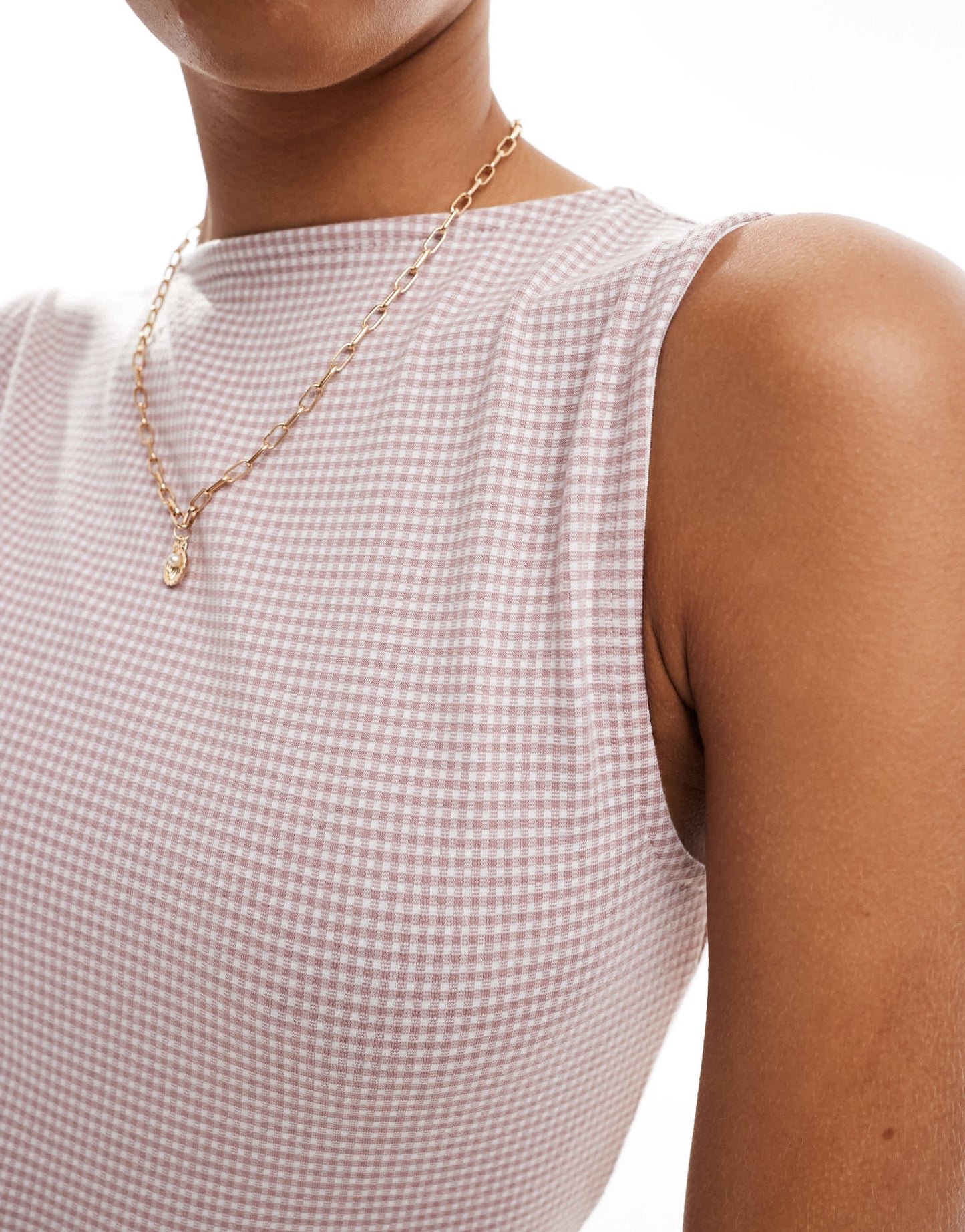 ASOS DESIGN slash neck top in brown gingham