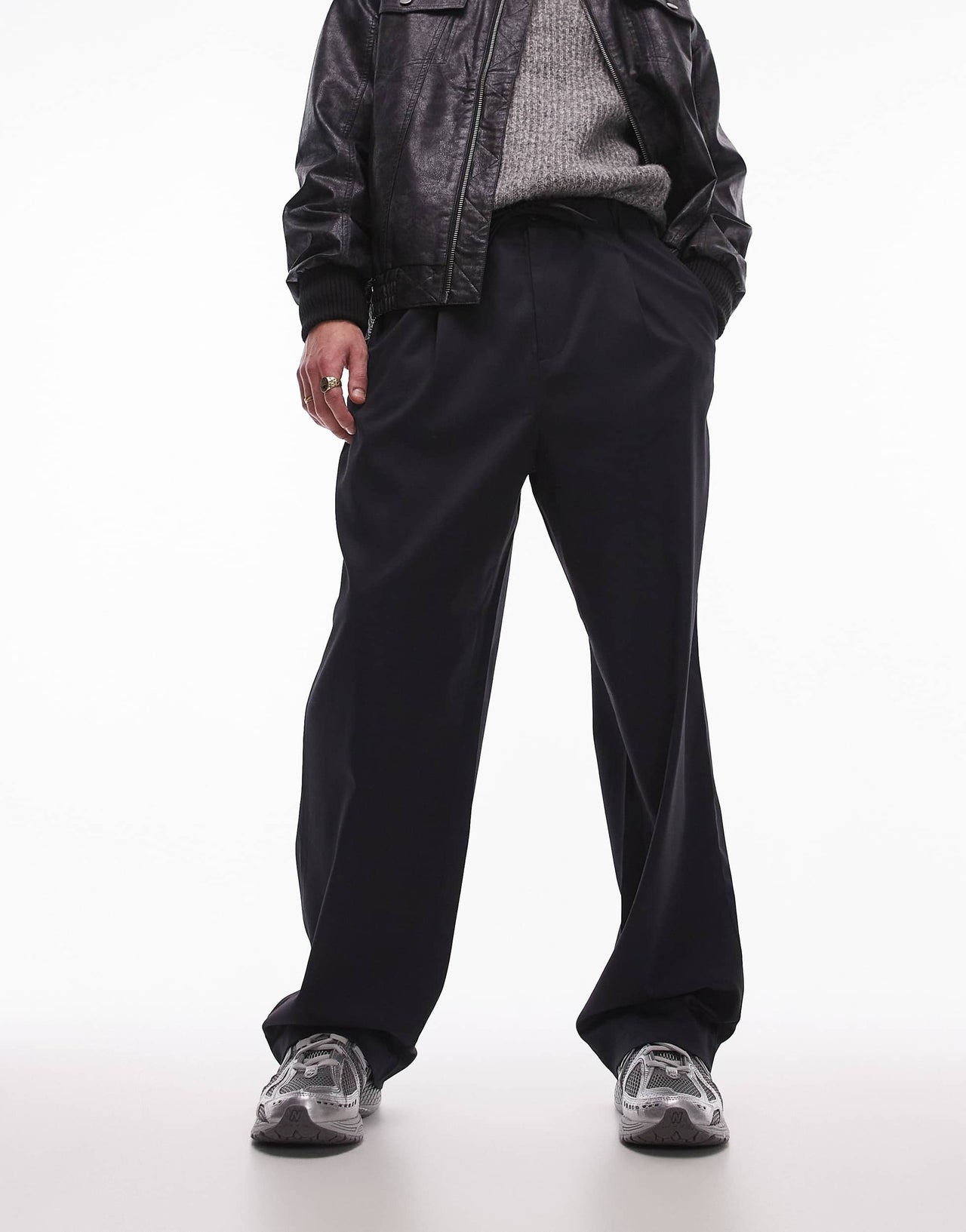 Topman wide leg with elasticated tie waist trousers in navy