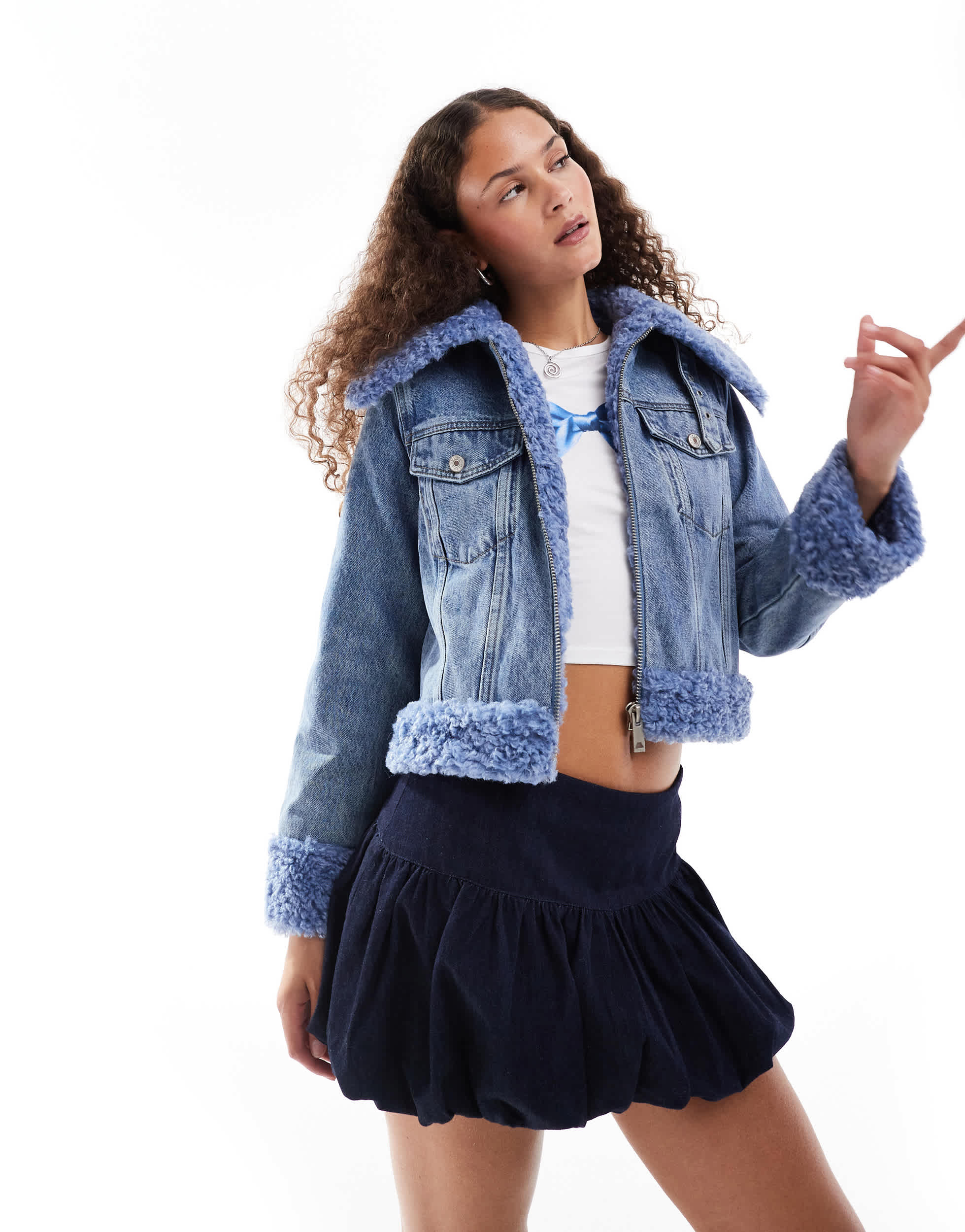 Urban Revivo faux shearling boxy denim jacket in stone blue