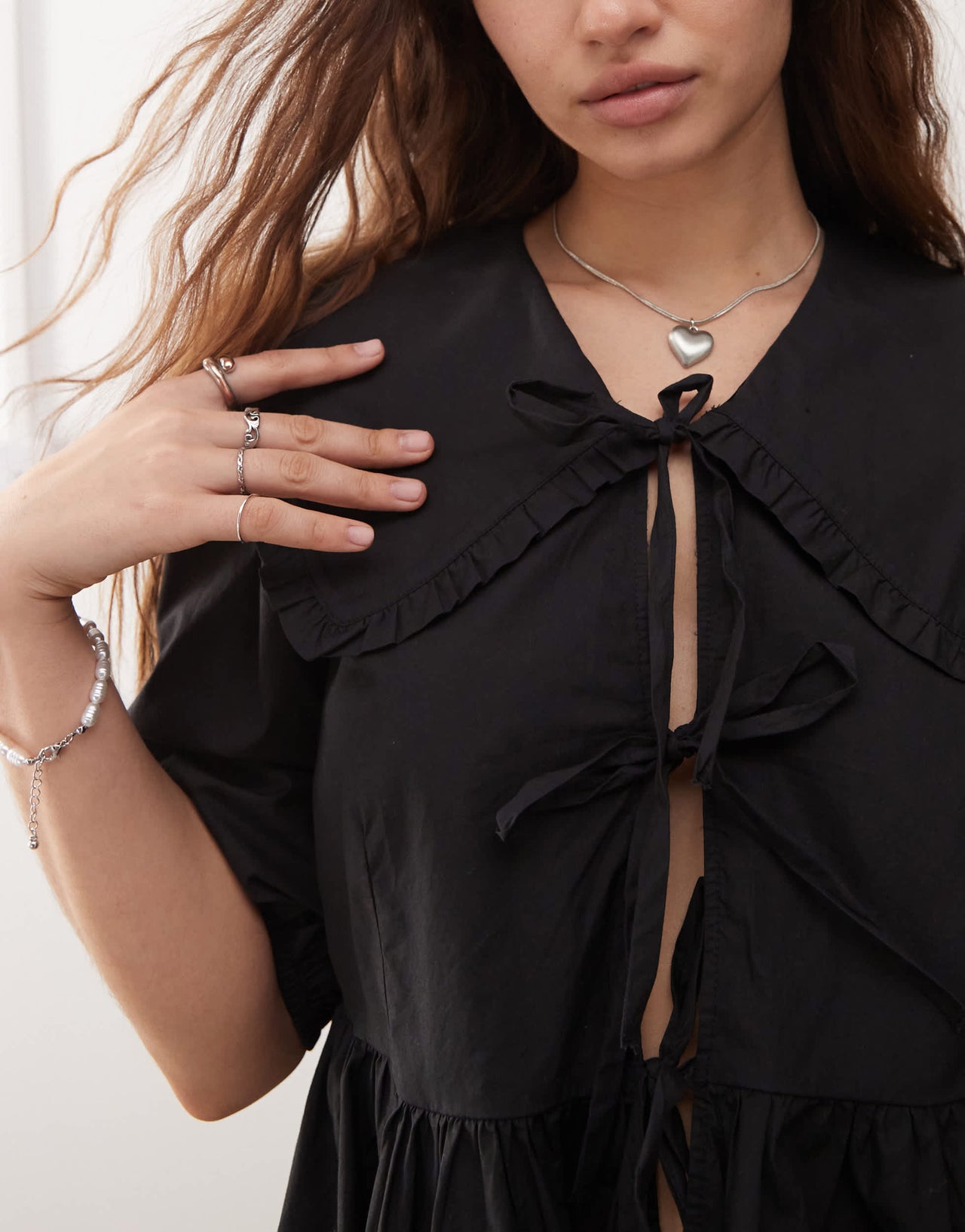 Monki long sleeve frill collared peplum blouse in black