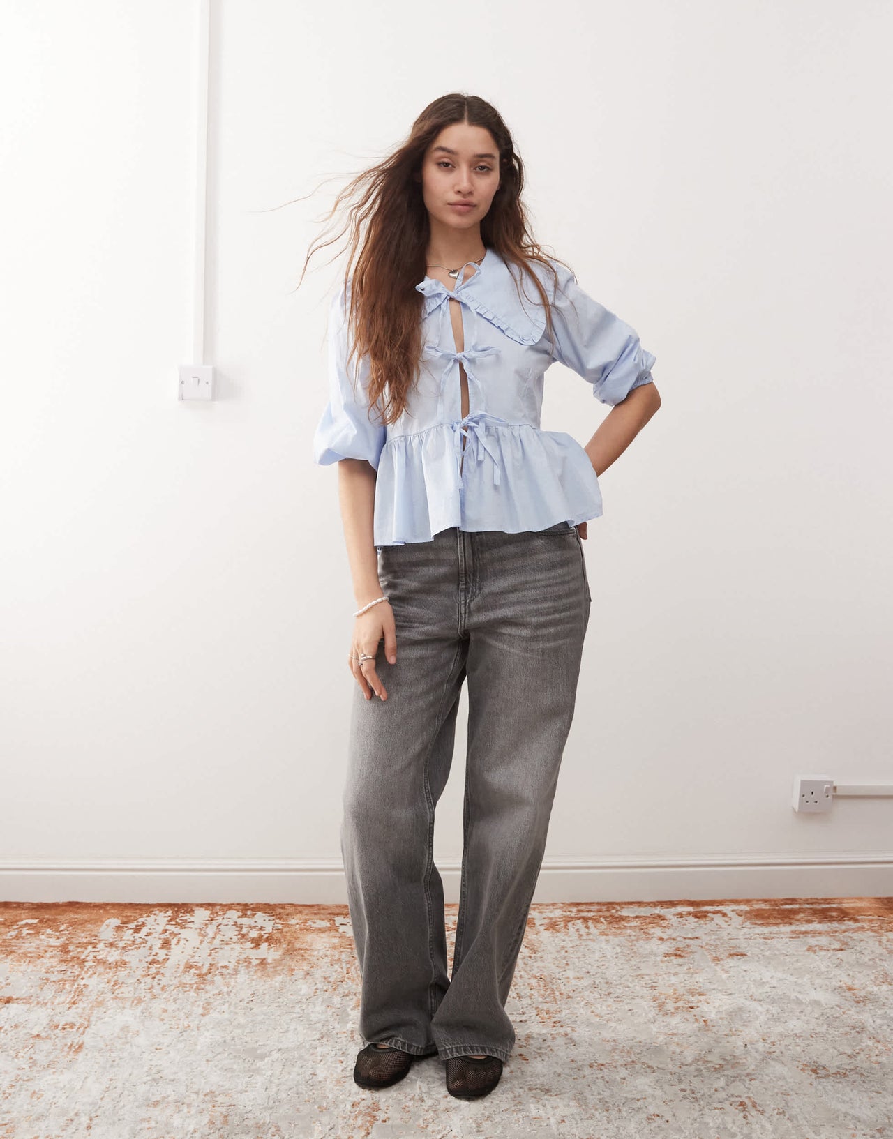 Monki long sleeve frill collared peplum blouse in light blue