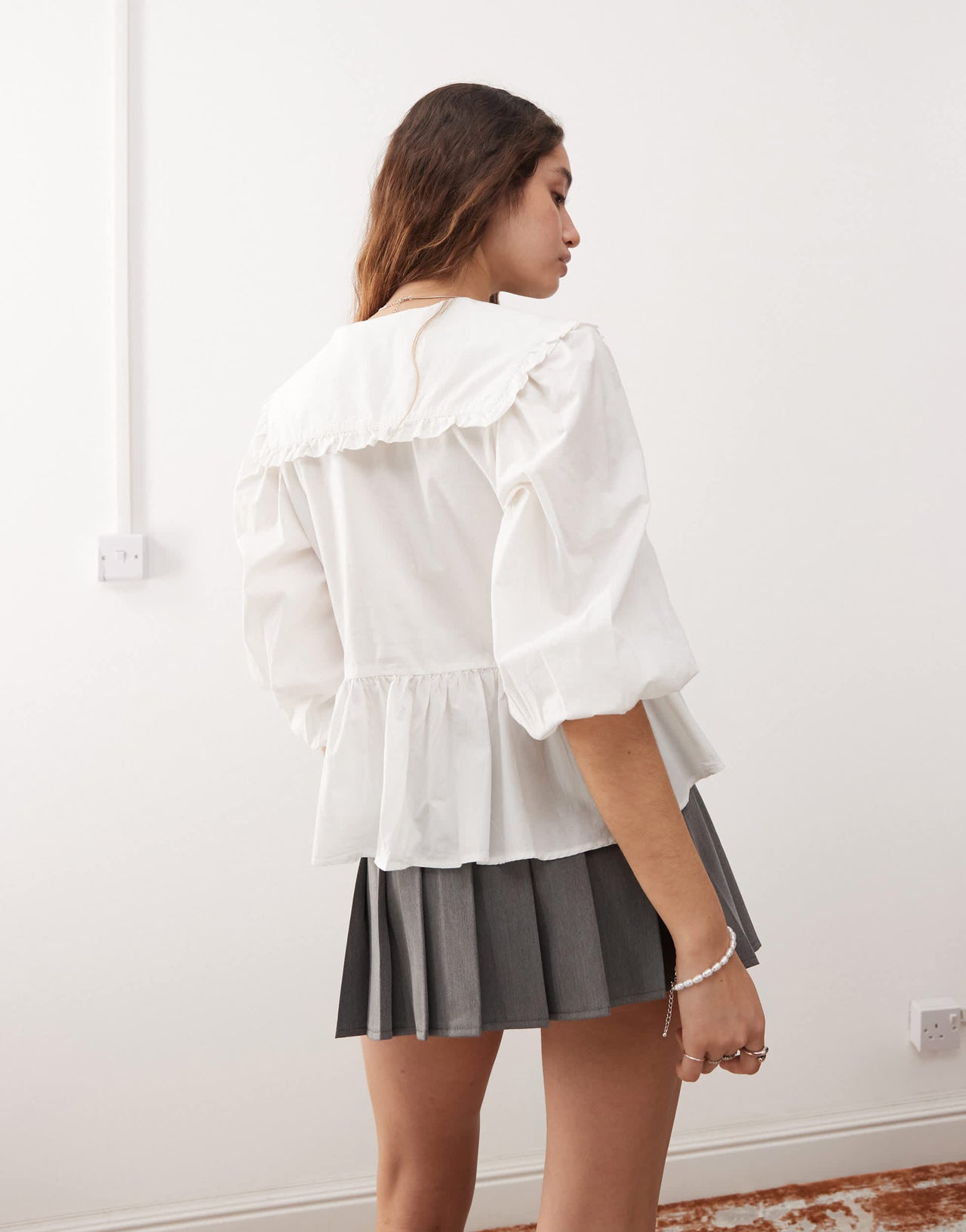 Monki long sleeve frill collared peplum blouse in white
