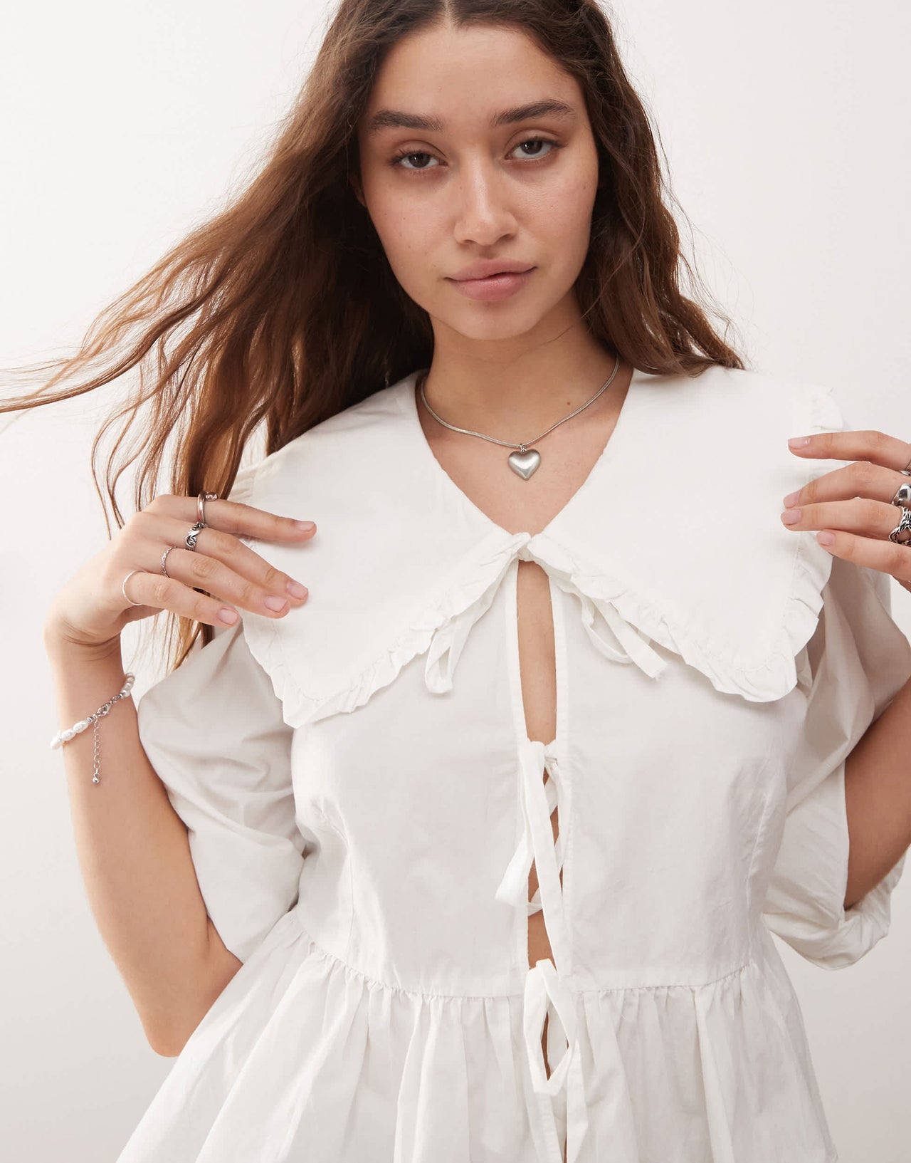 Monki long sleeve frill collared peplum blouse in white