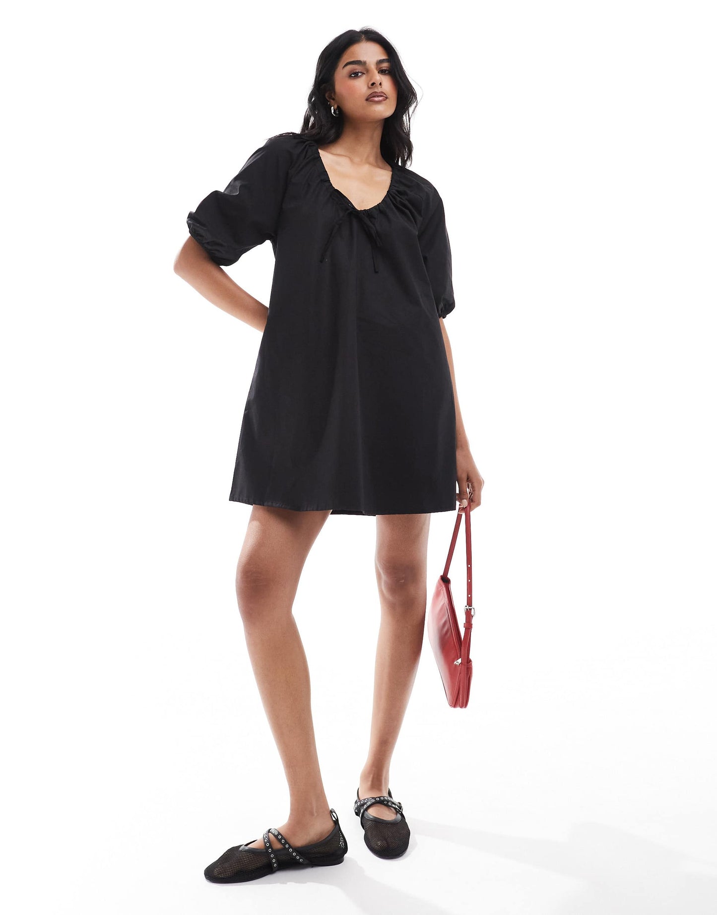 ASOS DESIGN gathered tie front mini smock dress in black