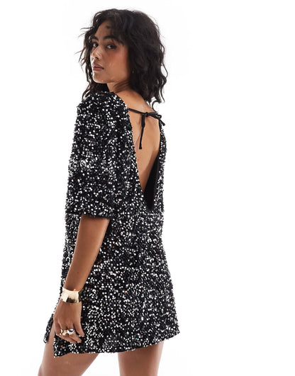 4th & Reckless velvet sequin mini t-shirt dress with open back in black