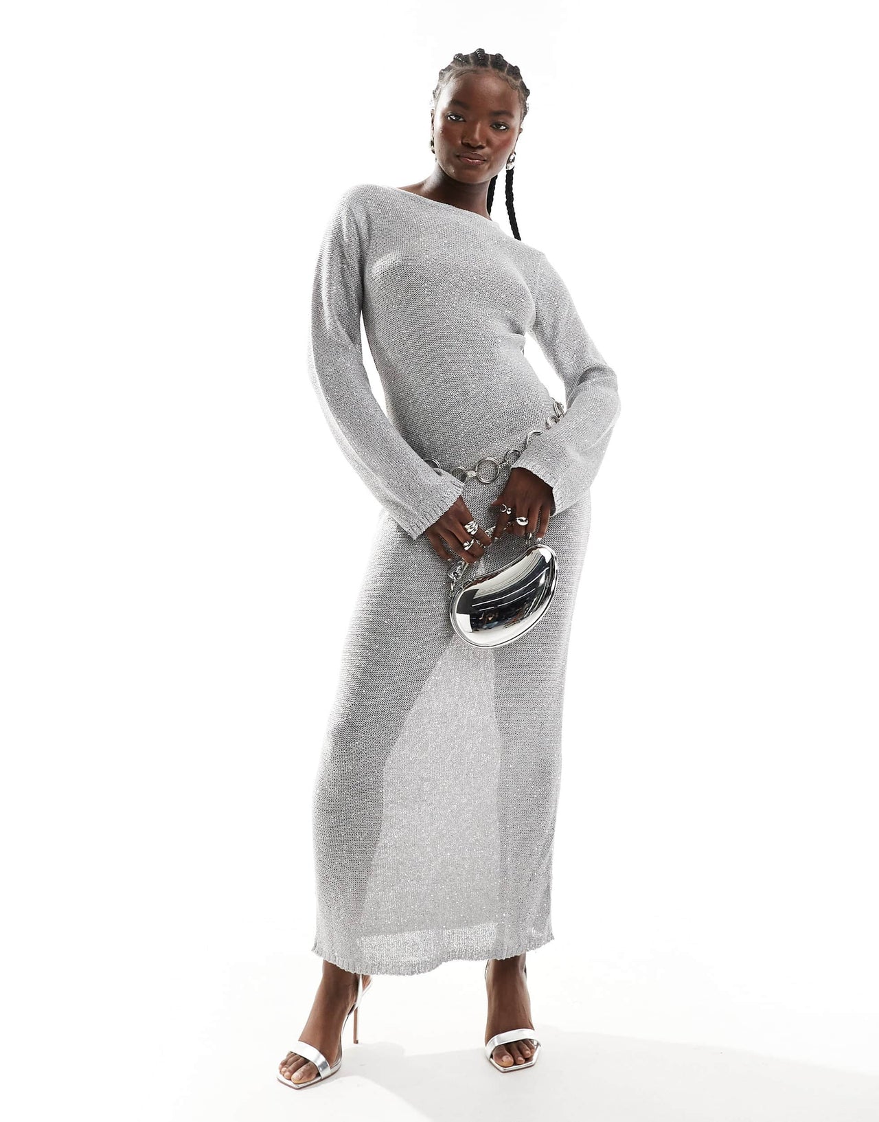 4th & Reckless knitted sequin long sleeve maxi dress in silver