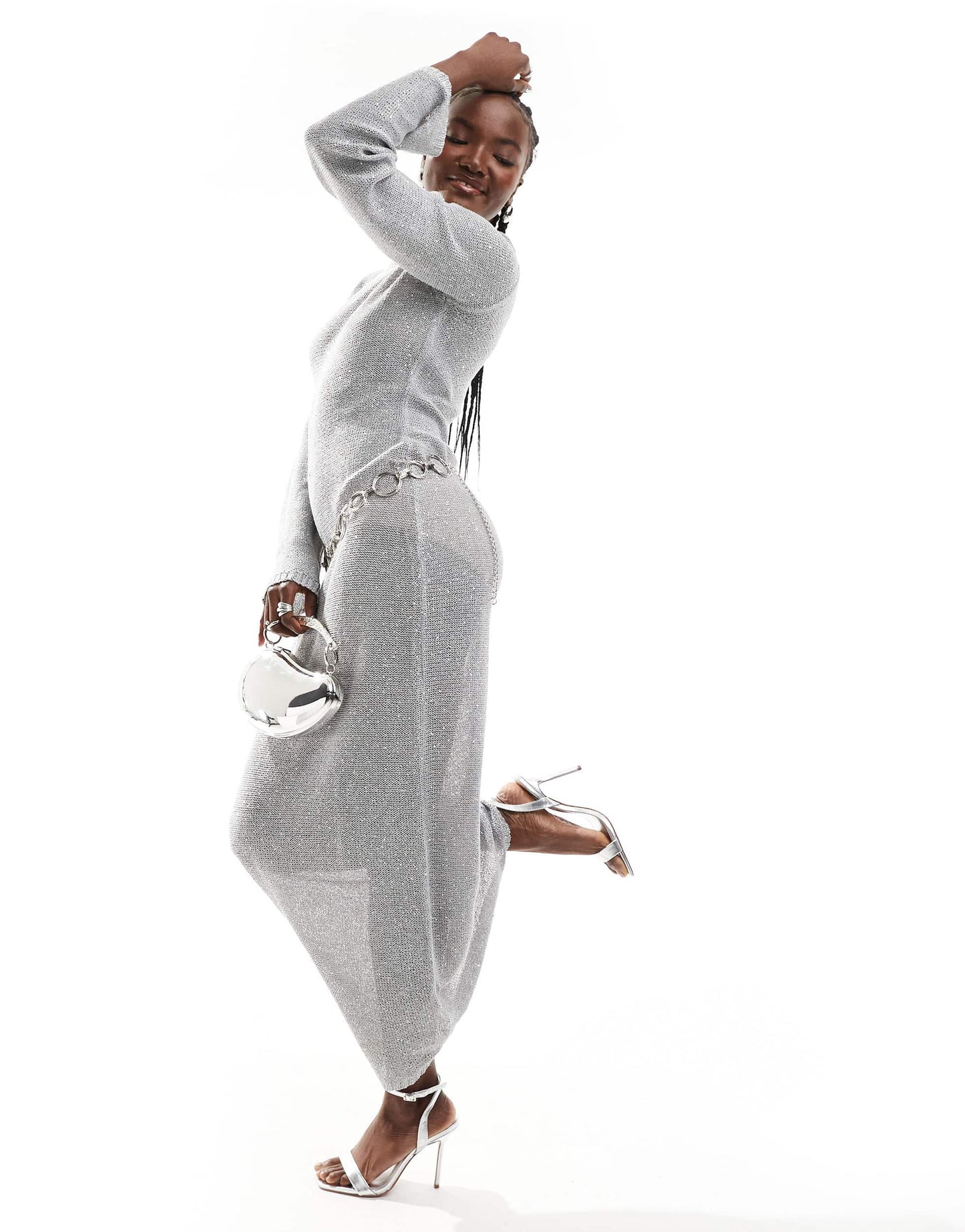 4th & Reckless knitted sequin long sleeve maxi dress in silver