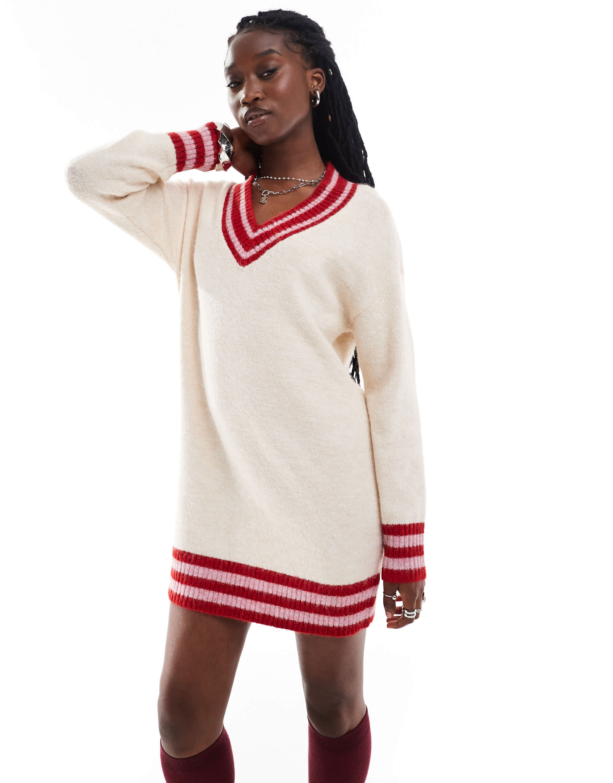 Native Youth stripe hem v-neck knitted mini dress in stone