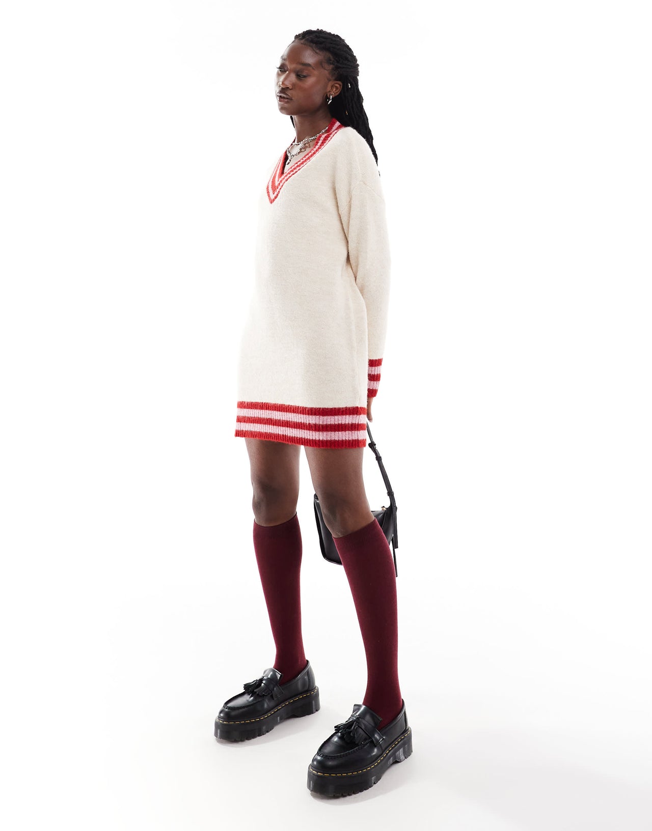 Native Youth stripe hem v-neck knitted mini dress in stone