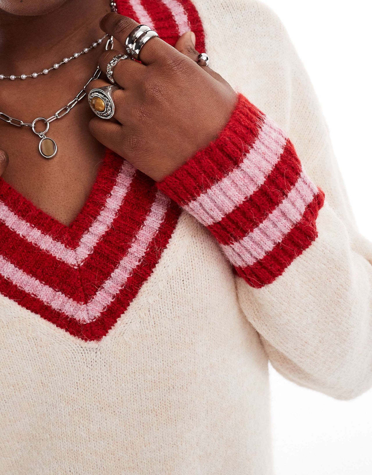 Native Youth stripe hem v-neck knitted mini dress in stone