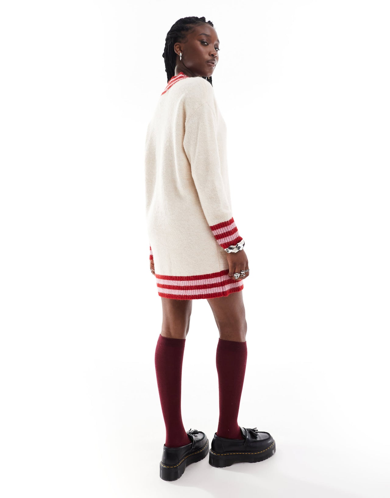 Native Youth stripe hem v-neck knitted mini dress in stone