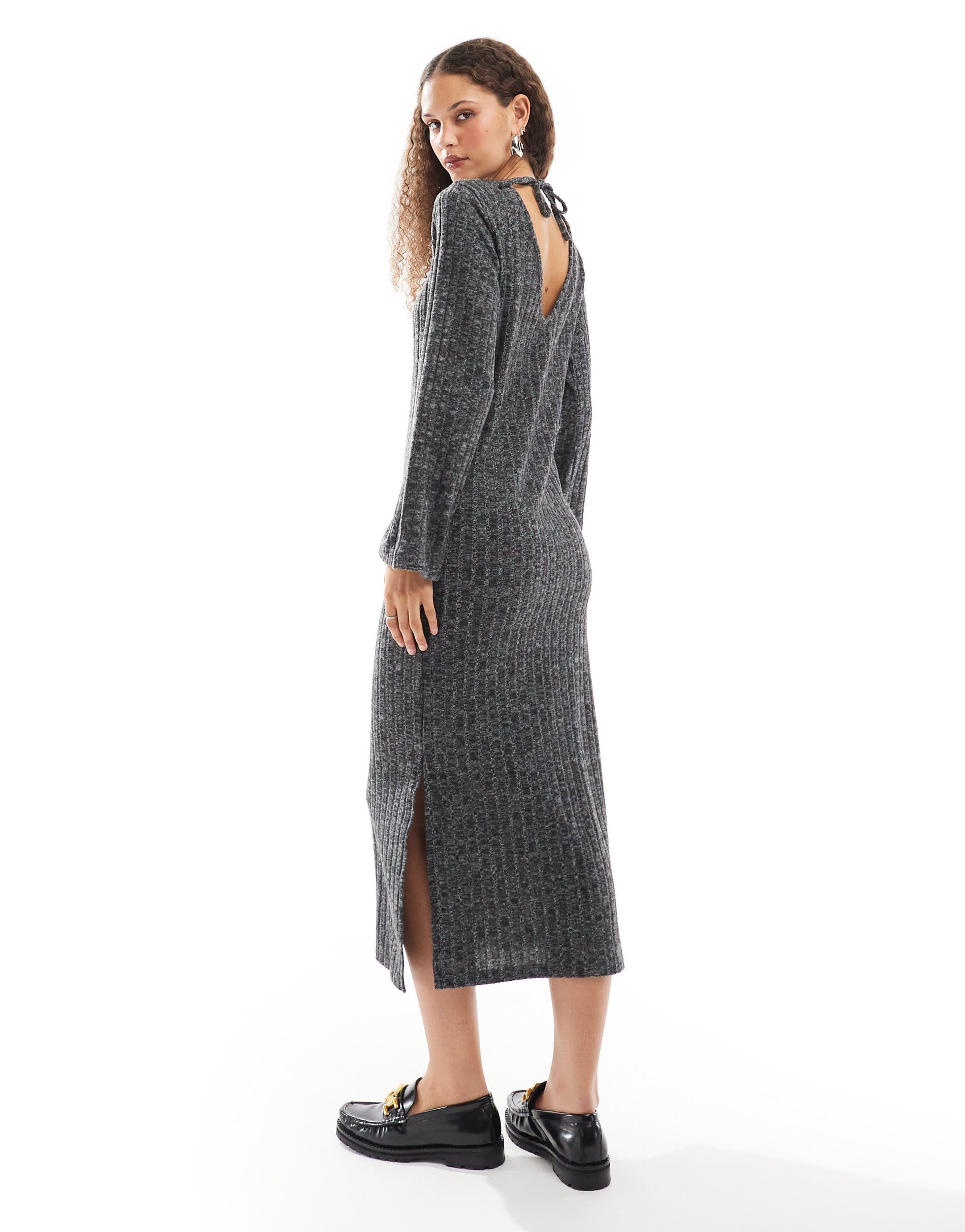 Native Youth ribbed back detail knitted maxi dress in grey marl