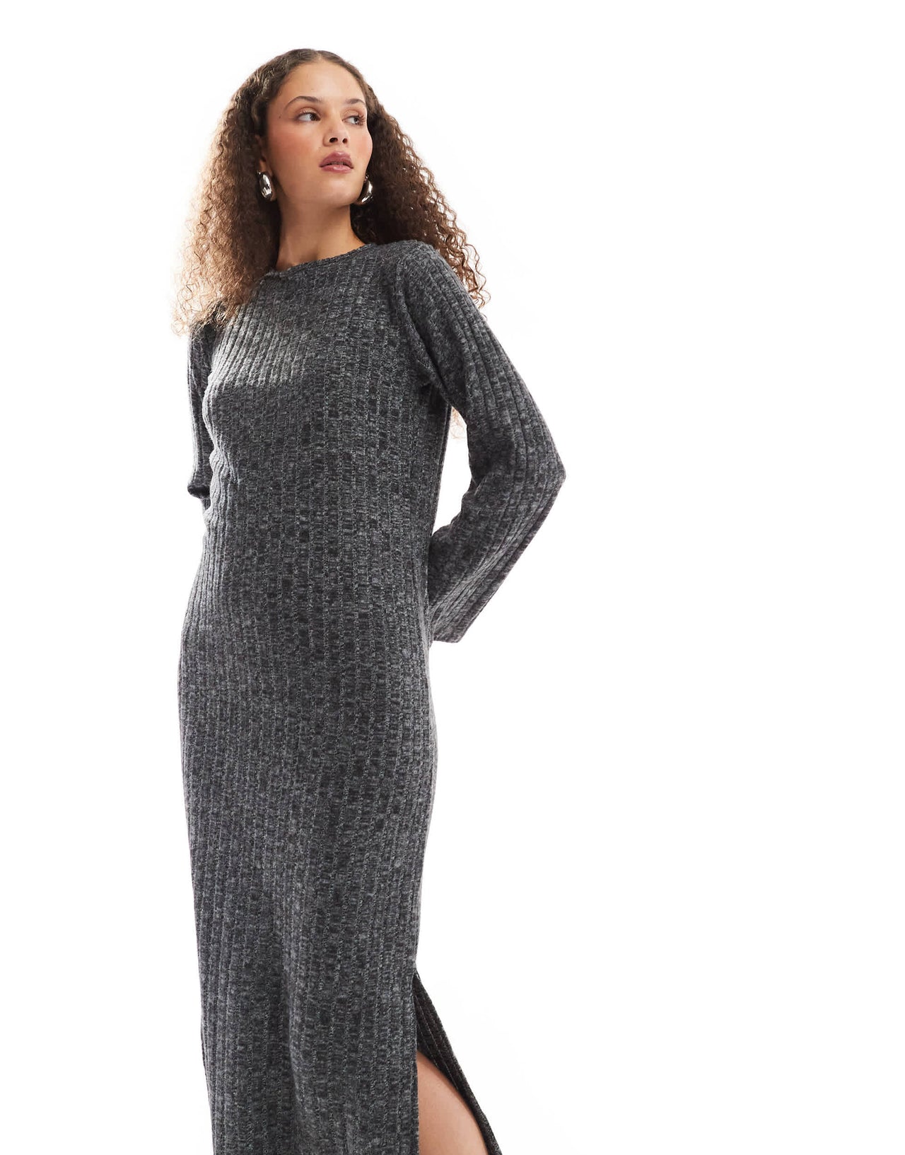 Native Youth ribbed back detail knitted maxi dress in grey marl