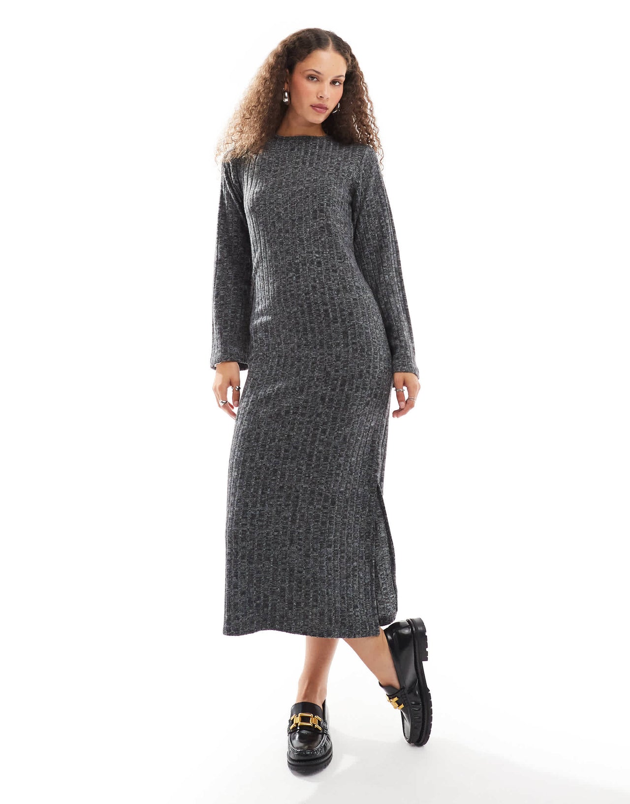 Native Youth ribbed back detail knitted maxi dress in grey marl