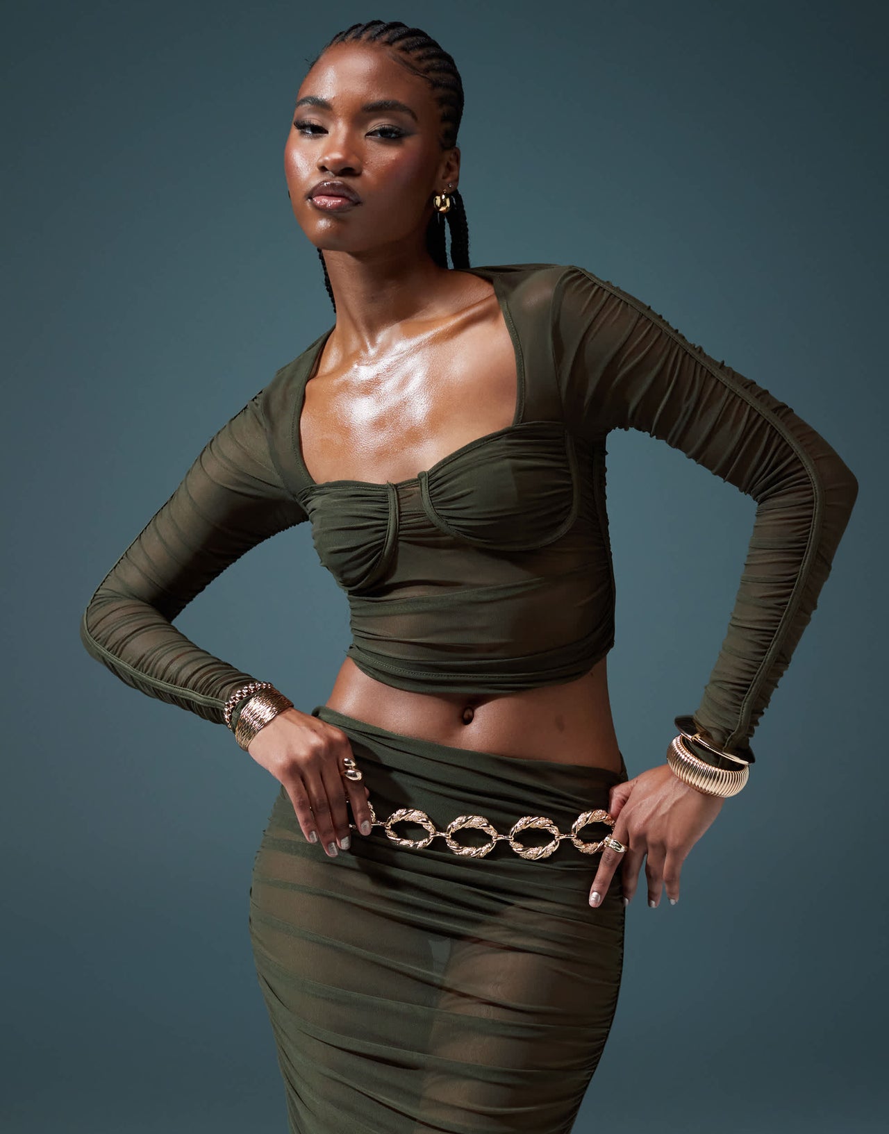 ASOS DESIGN co-ord ruched mesh bust cup top in khaki