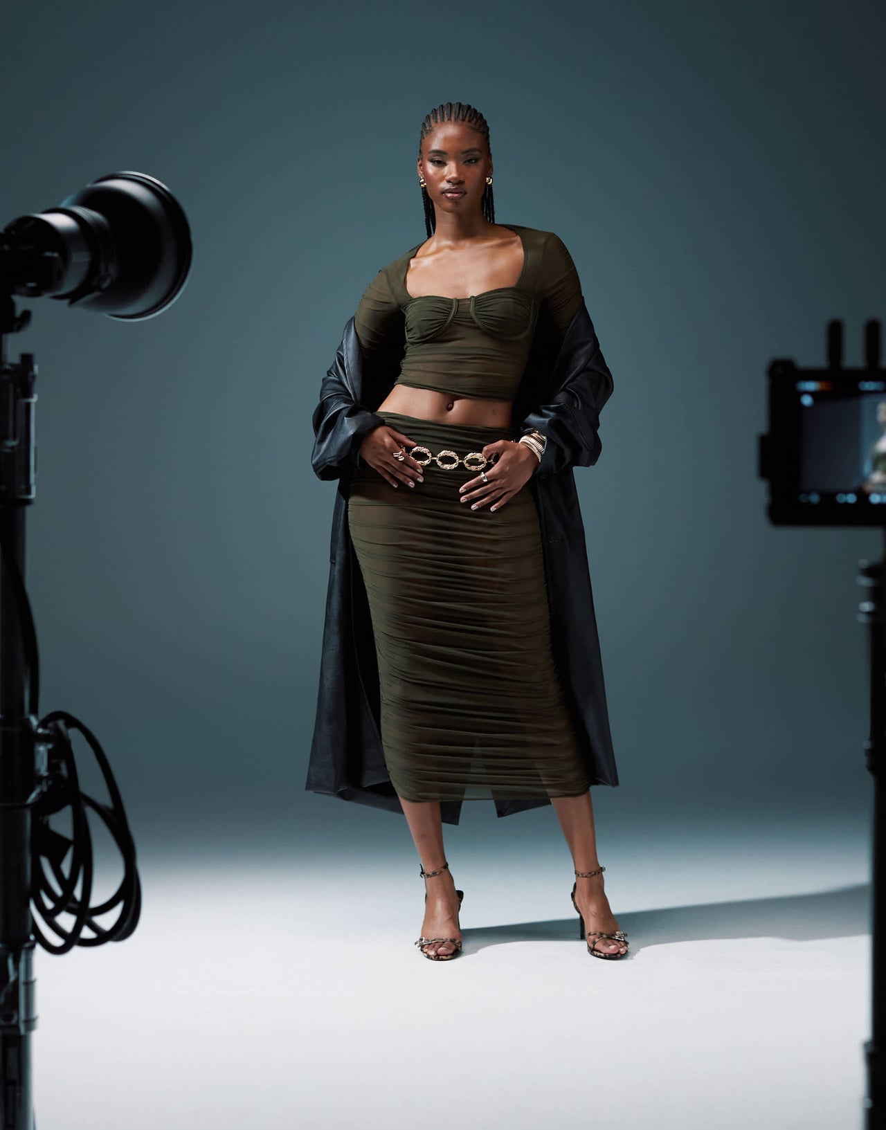 ASOS DESIGN co-ord ruched mesh bust cup top in khaki