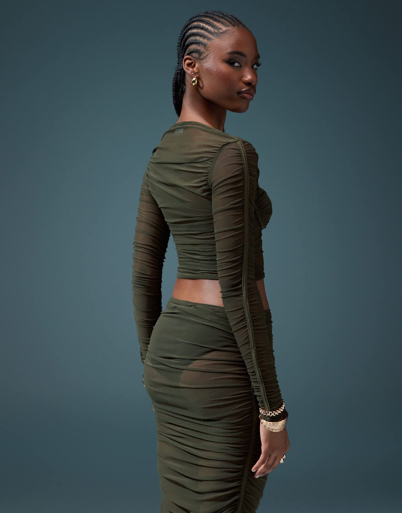 ASOS DESIGN co-ord ruched mesh bust cup top in khaki