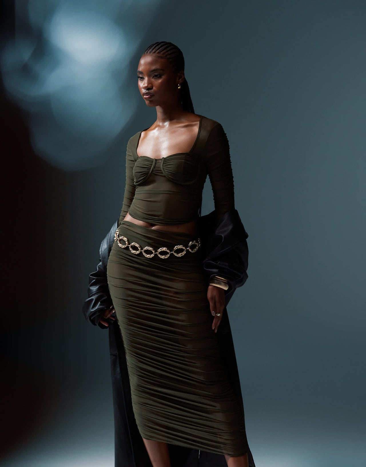 ASOS DESIGN co-ord ruched mesh bust cup top in khaki