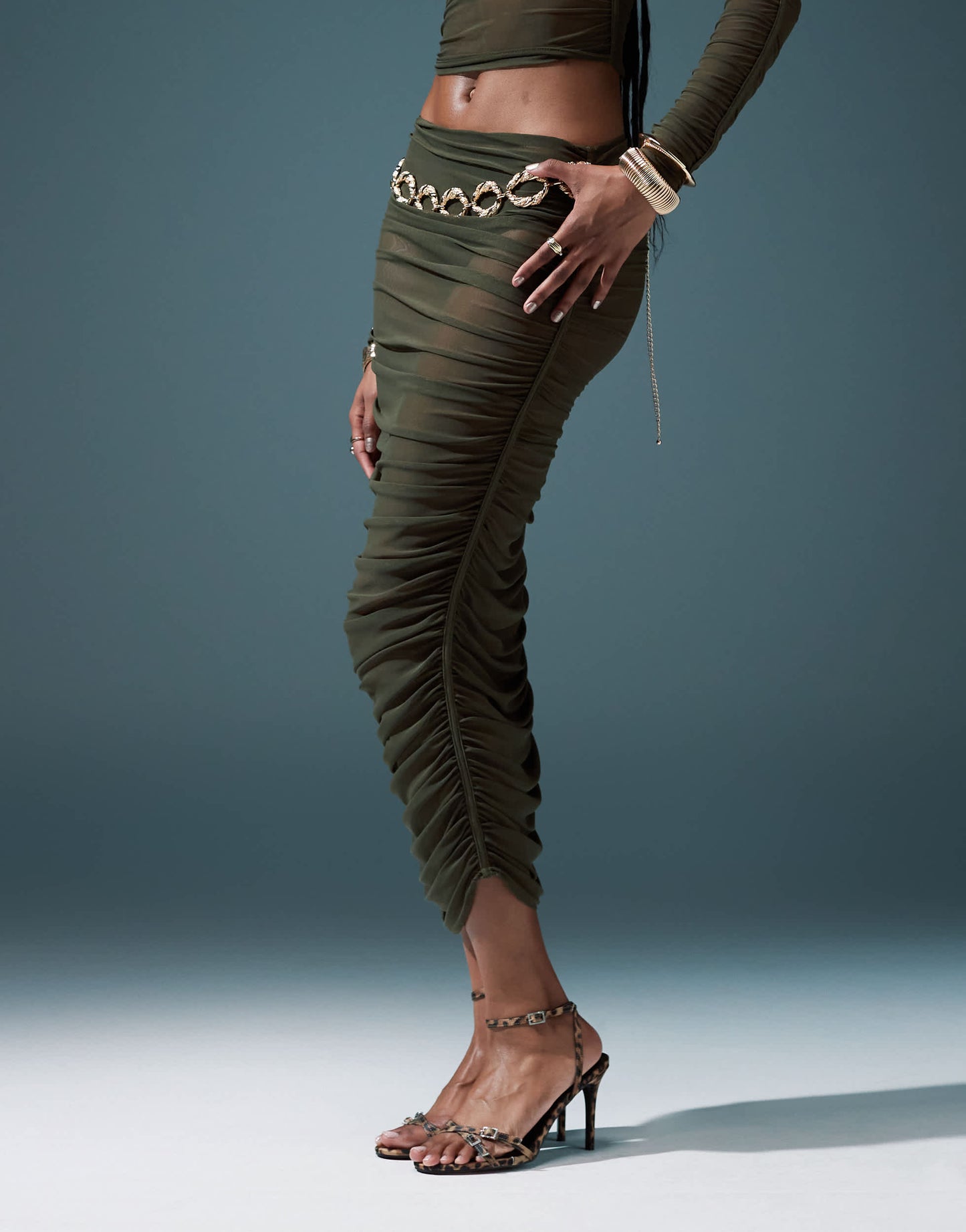ASOS DESIGN co-ord ruched mesh midi skirt in khaki