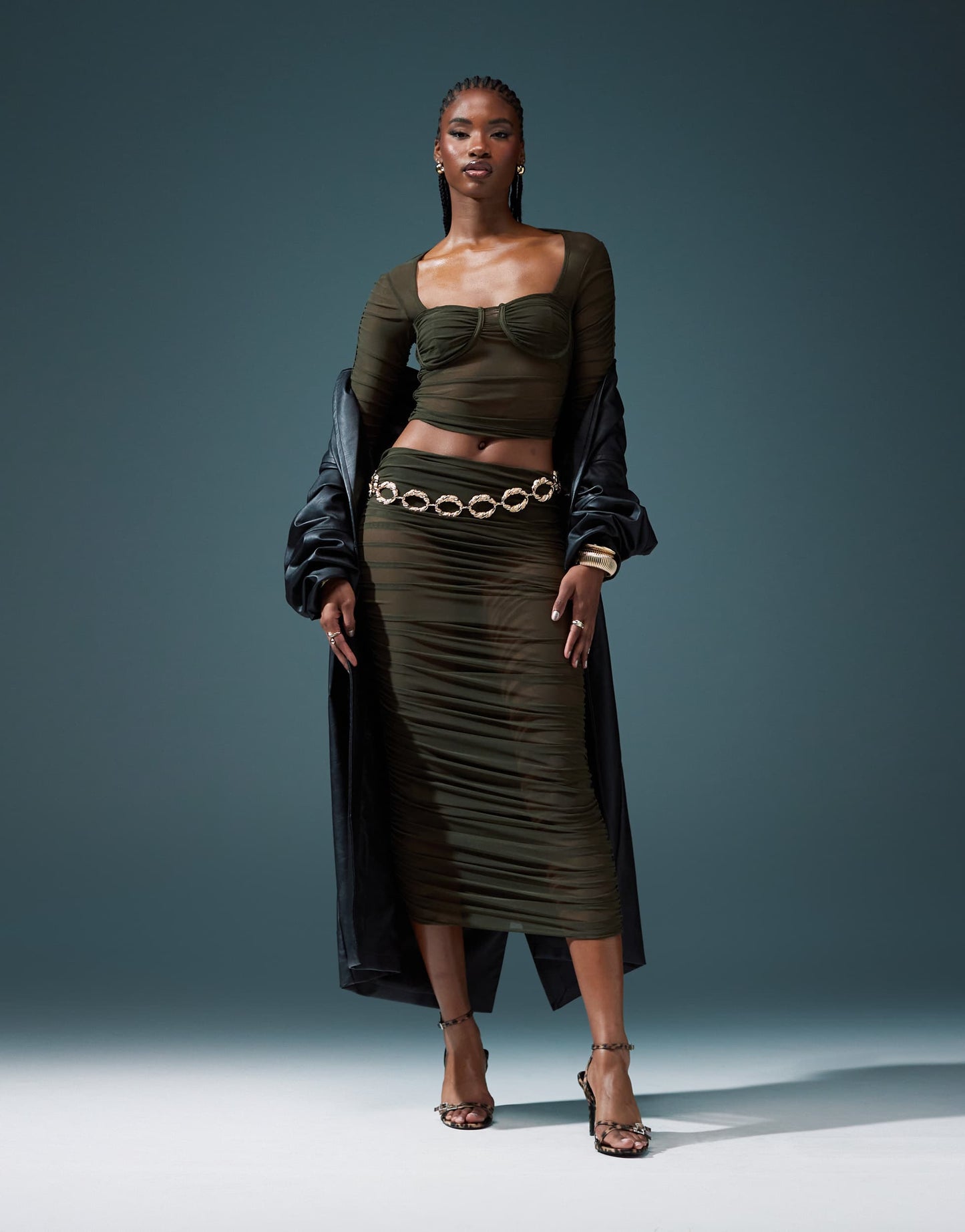 ASOS DESIGN co-ord ruched mesh midi skirt in khaki