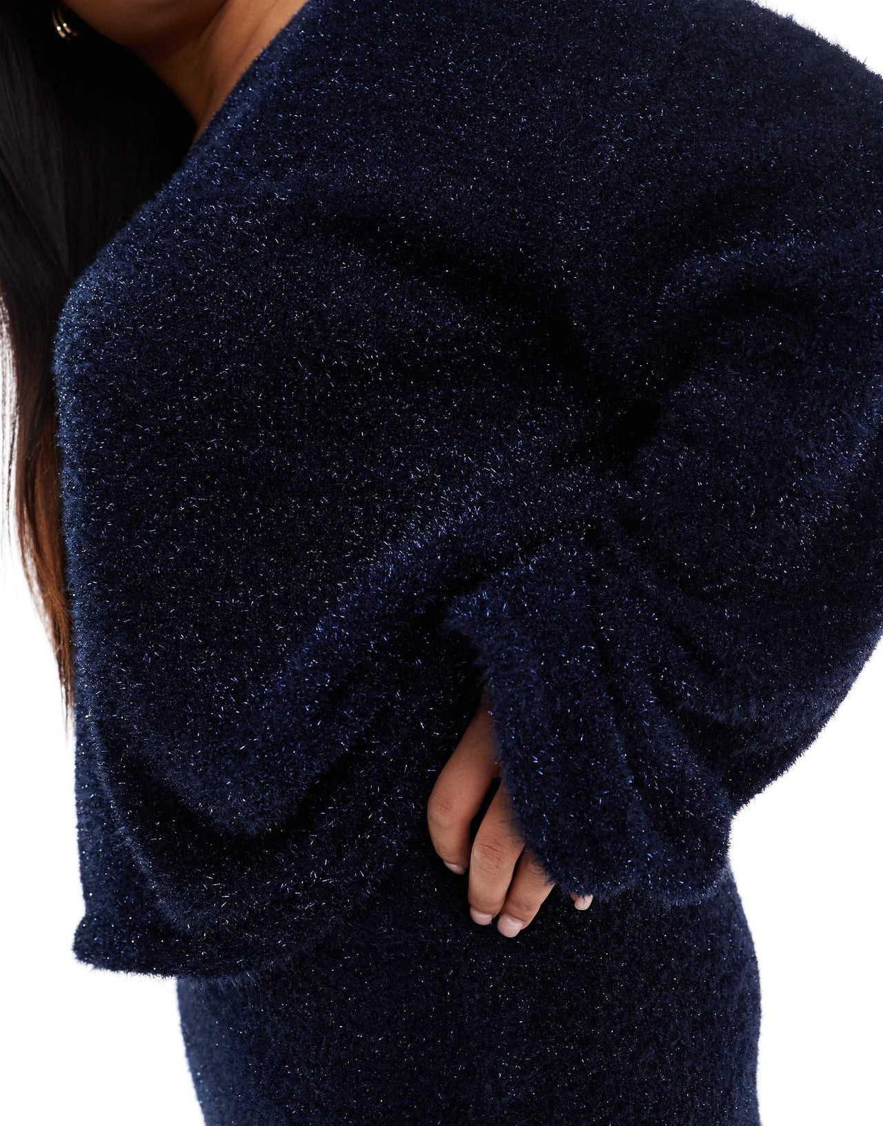 4th & Reckless Plus metallic tinsel v neck jumper co-ord in navy