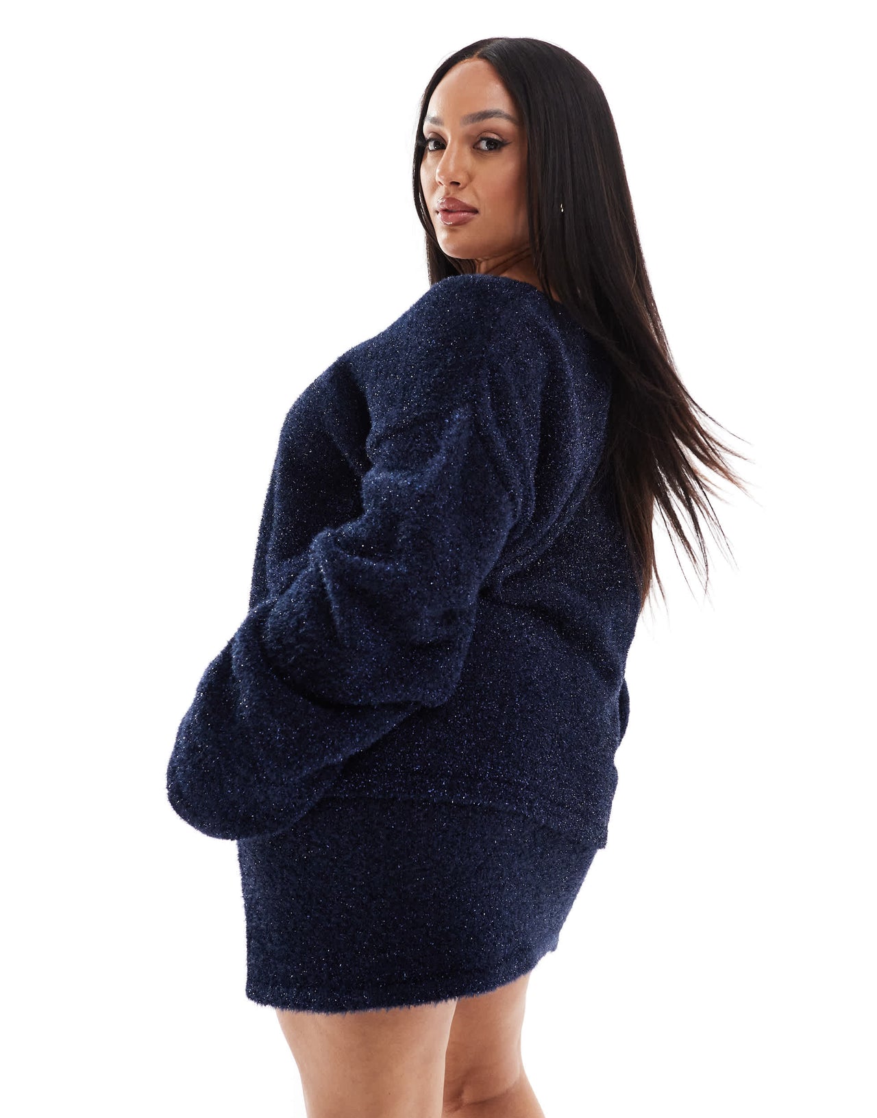 4th & Reckless Plus metallic tinsel v neck jumper co-ord in navy