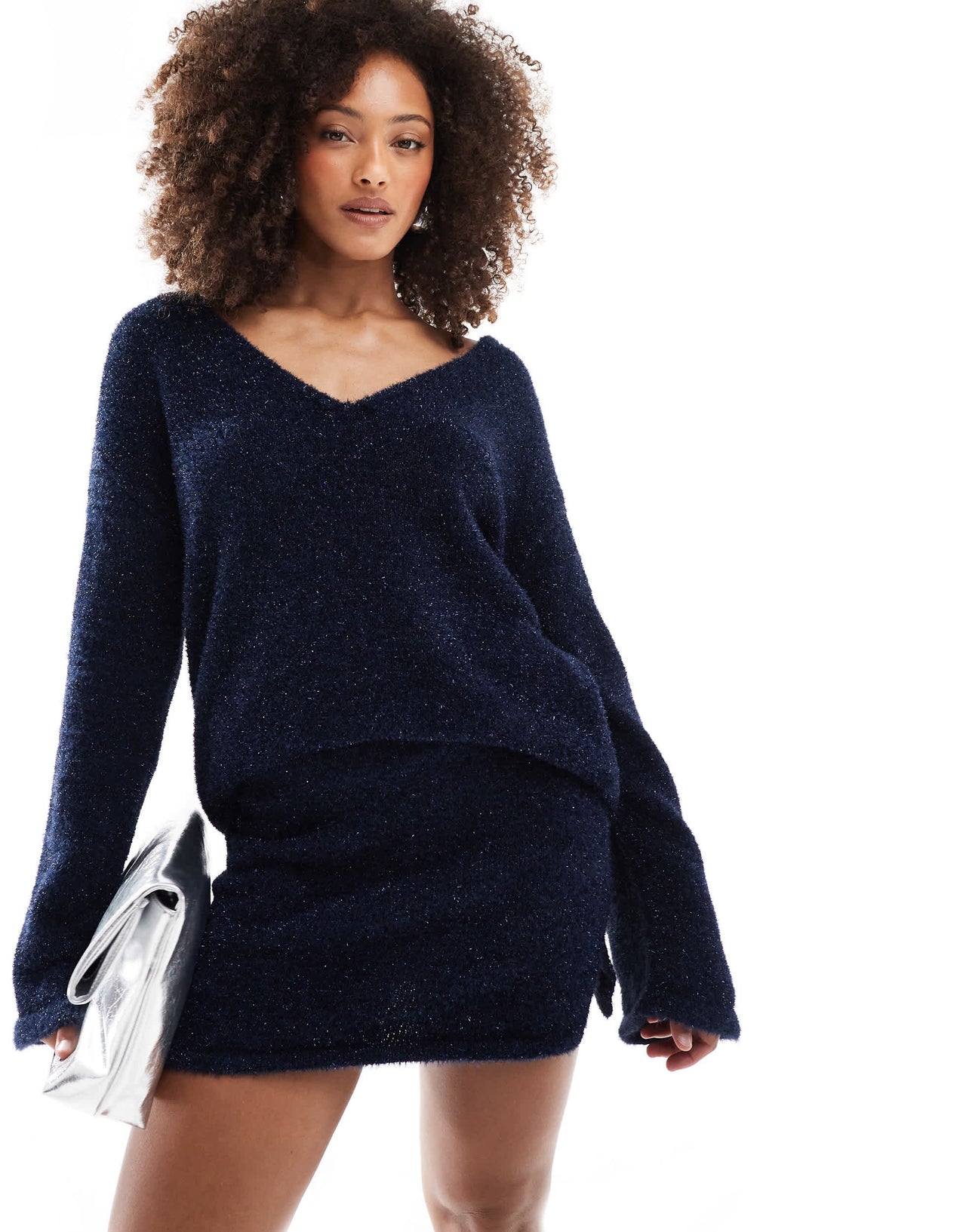 4th & Reckless metallic tinsel knit split mini skirt co-ord in navy