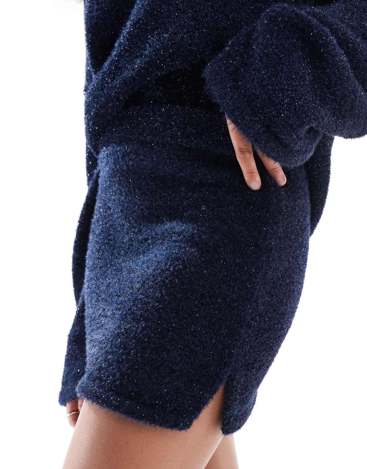 4th & Reckless metallic tinsel knit split mini skirt co-ord in navy
