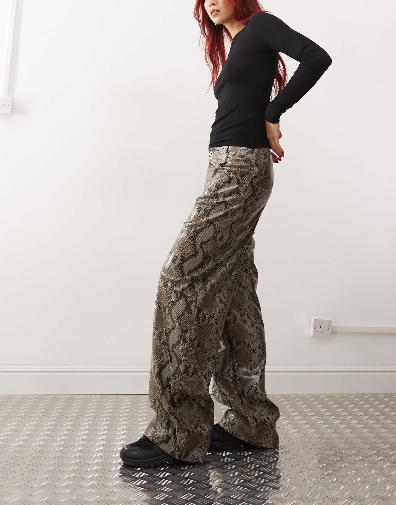 COLLUSION X015 PU baggy trousers in snakeprint
