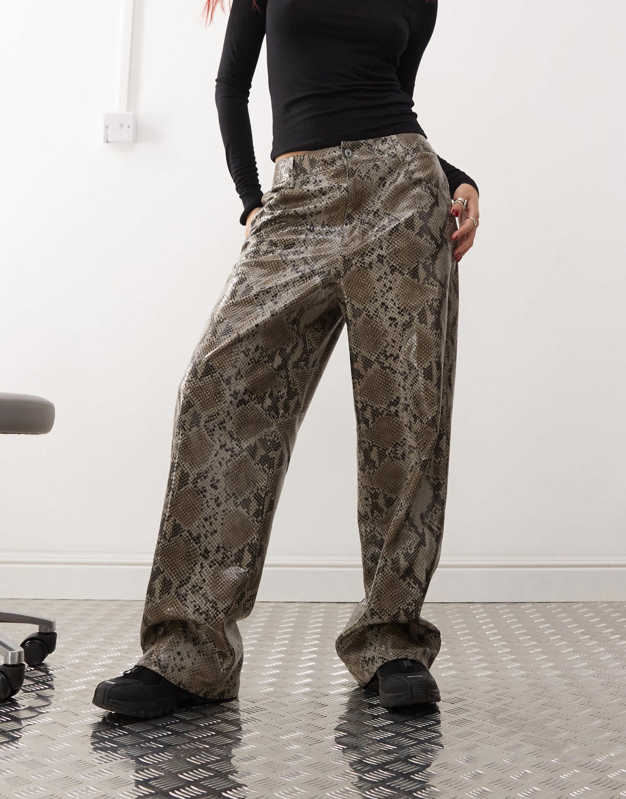 COLLUSION X015 PU baggy trousers in snakeprint