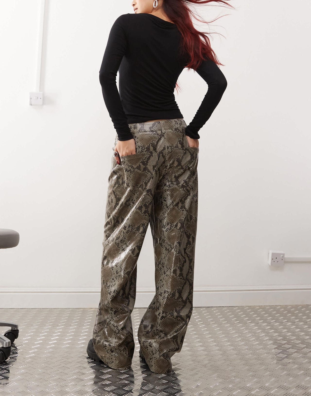 COLLUSION X015 PU baggy trousers in snakeprint