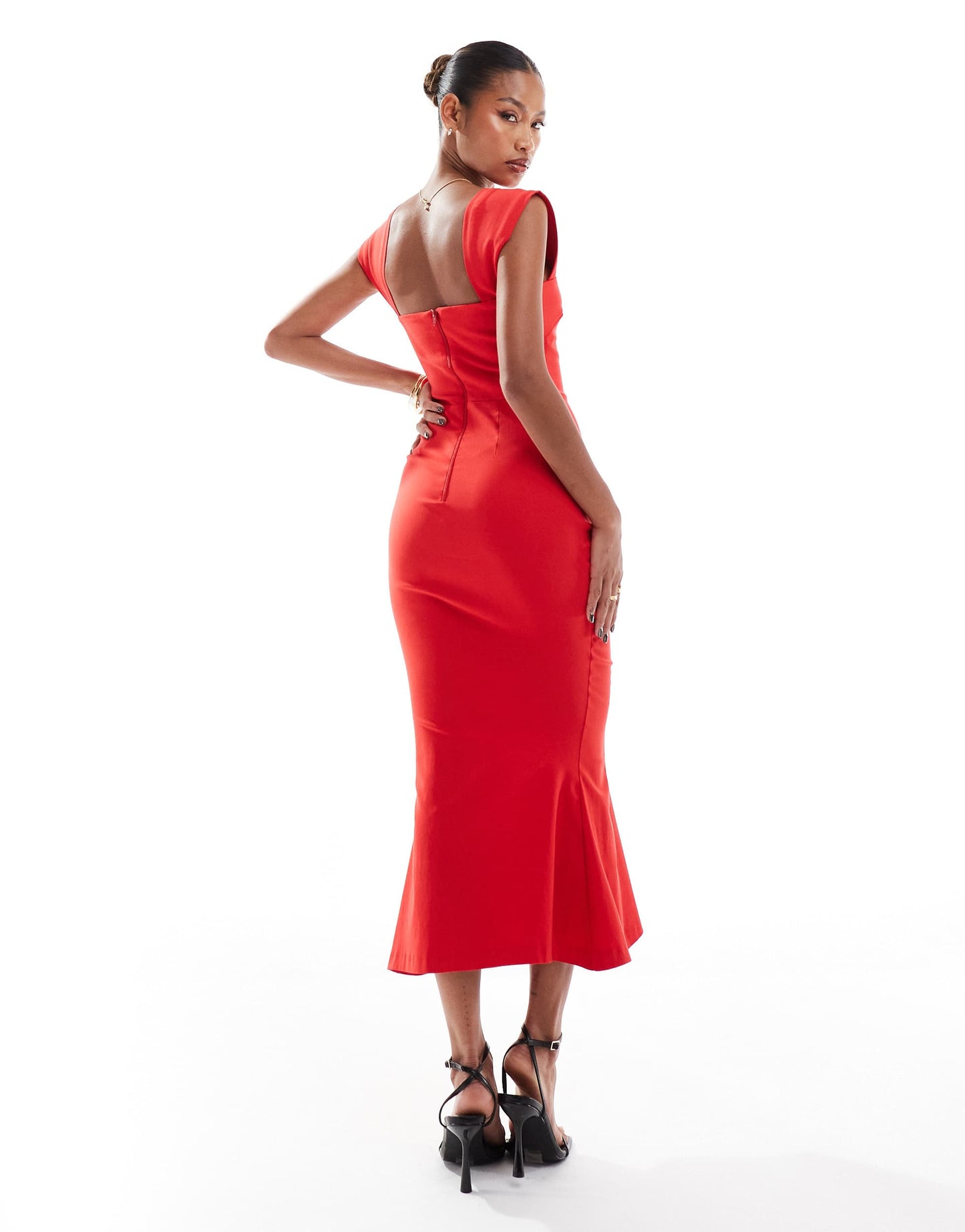 Vesper bengaline bardot cuff sleeve fishtail midaxi dress in red