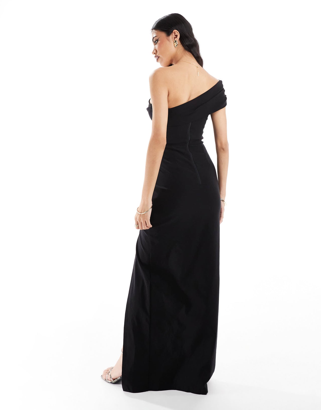 Vesper bengaline one shoulder ruched bodycon thigh split maxi dress in black