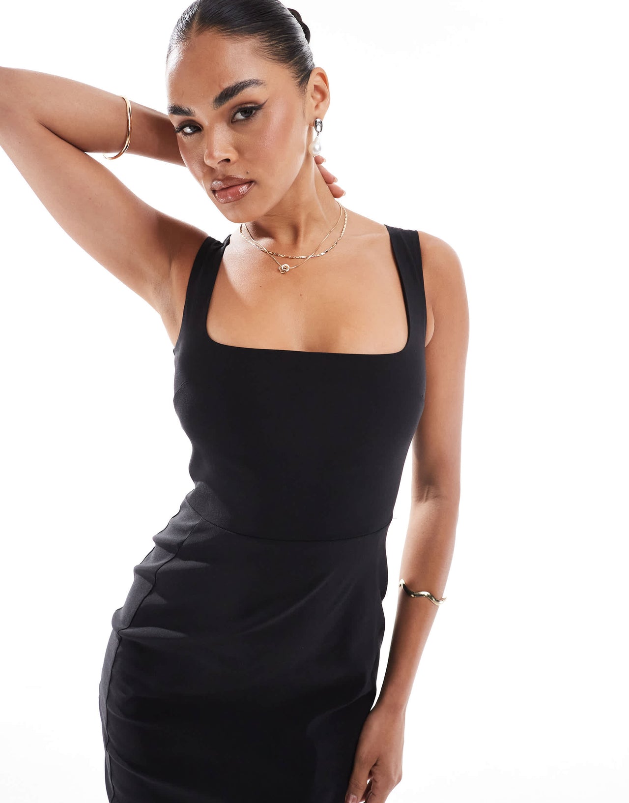 Vesper bengaline square neck fishtail midaxi dress in black