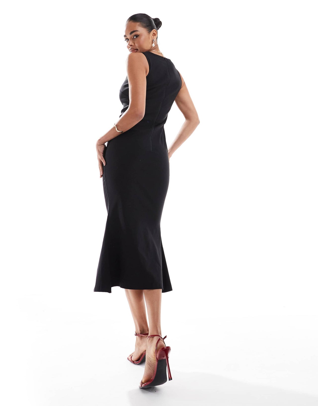 Vesper bengaline square neck fishtail midaxi dress in black