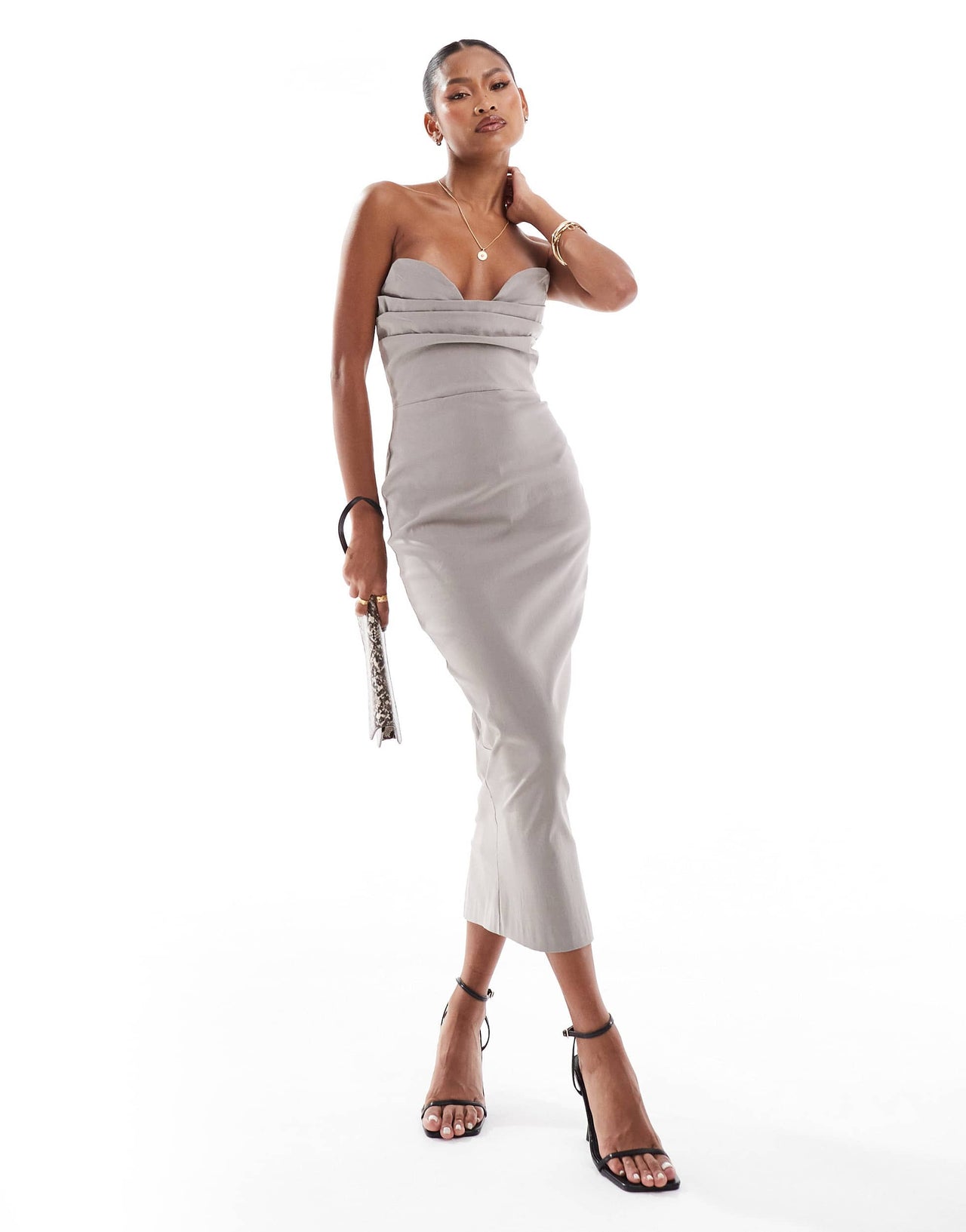 Vesper bengaline bandeau sweetheart neckline bodycon midaxi dress in taupe