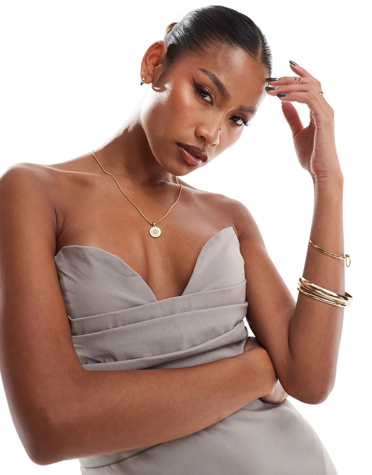 Vesper bengaline bandeau sweetheart neckline bodycon midaxi dress in taupe