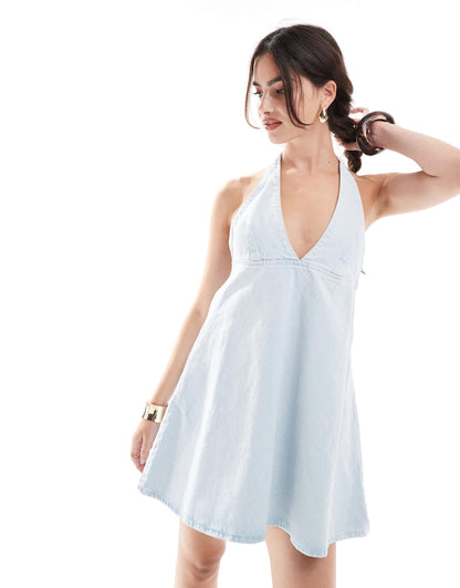 ASOS DESIGN denim halter dress in bleach