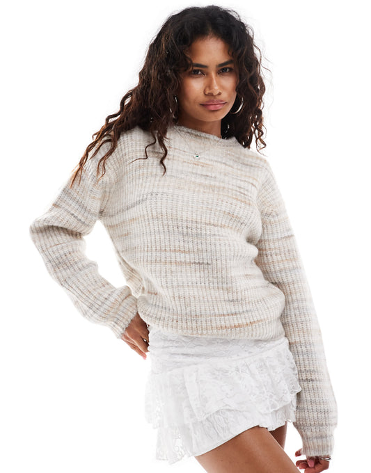 Motel karu brushed round neck chunky knit jumper in neutral
