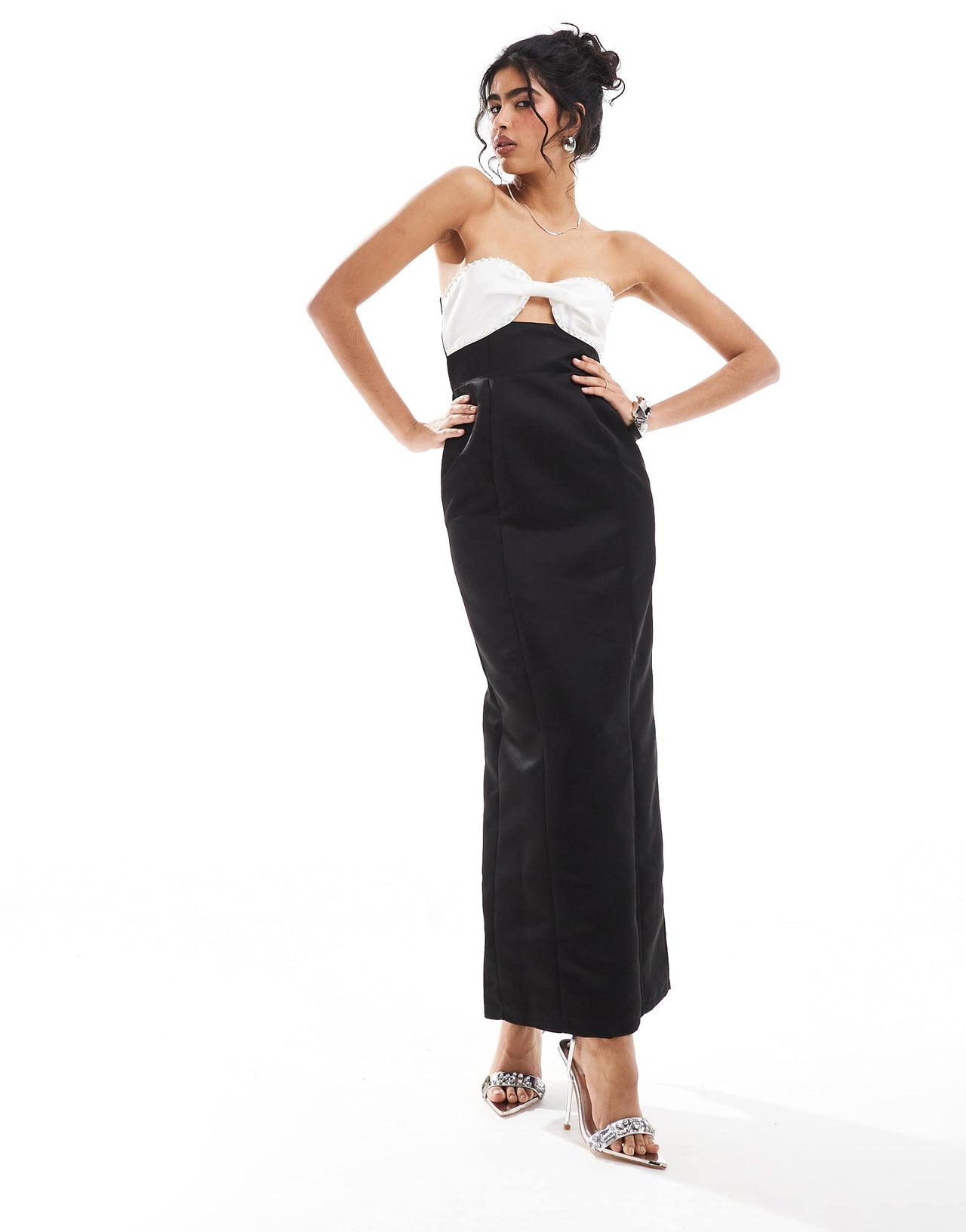 The Frolic exclusive contrast pearl embellished bow cutout bandeau satin maxi dress in black and cream