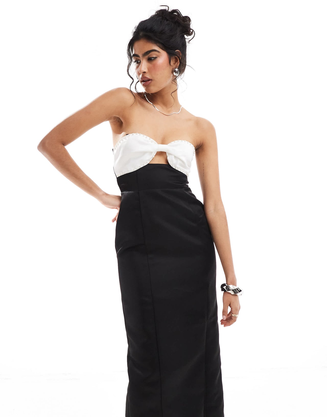 The Frolic exclusive contrast pearl embellished bow cutout bandeau satin maxi dress in black and cream