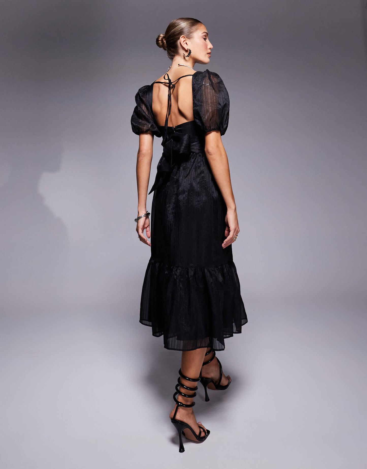 Lulus puff sleeve midi tea dress in black