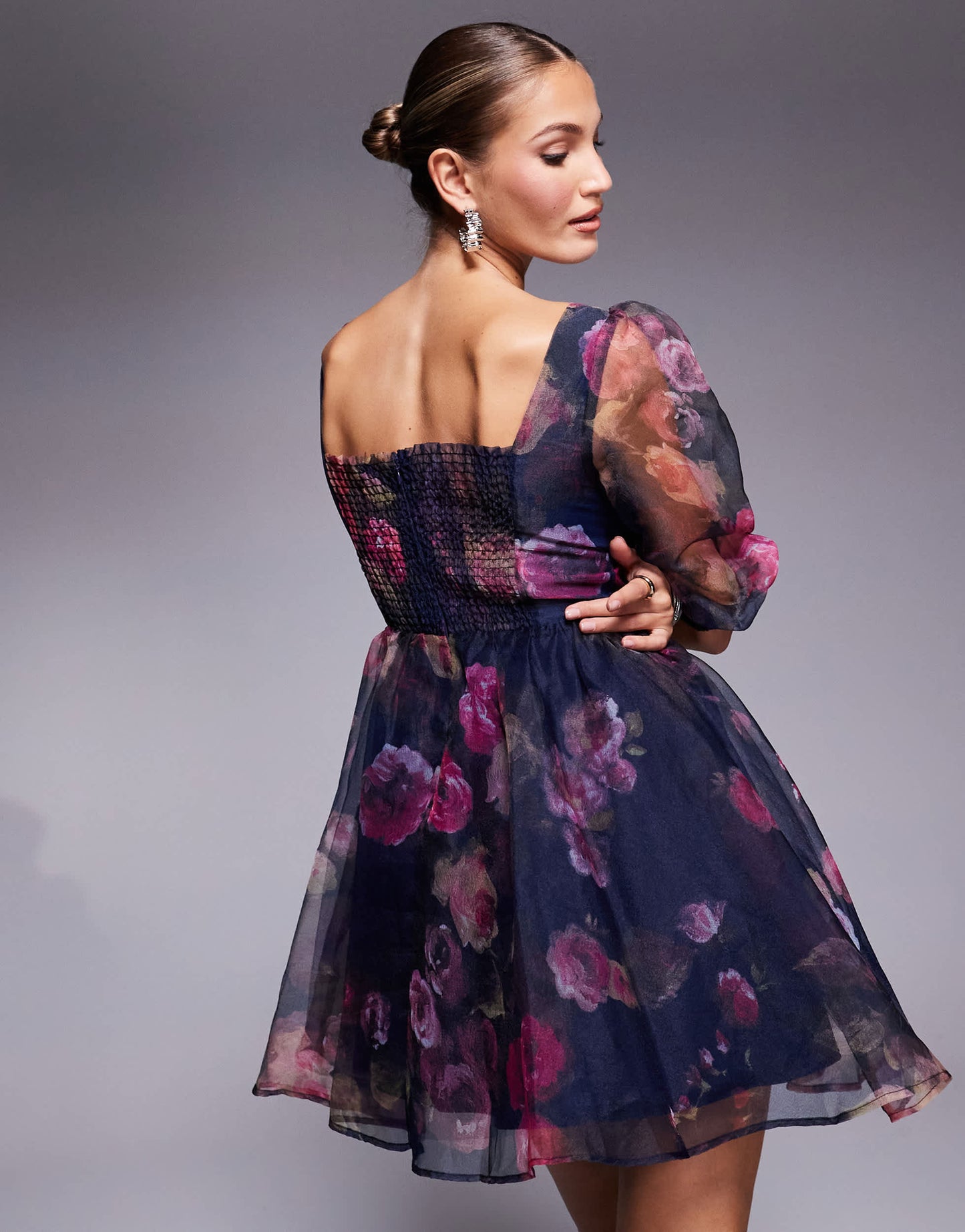 Lulus sheer sleeve organza mini dress in plum floral
