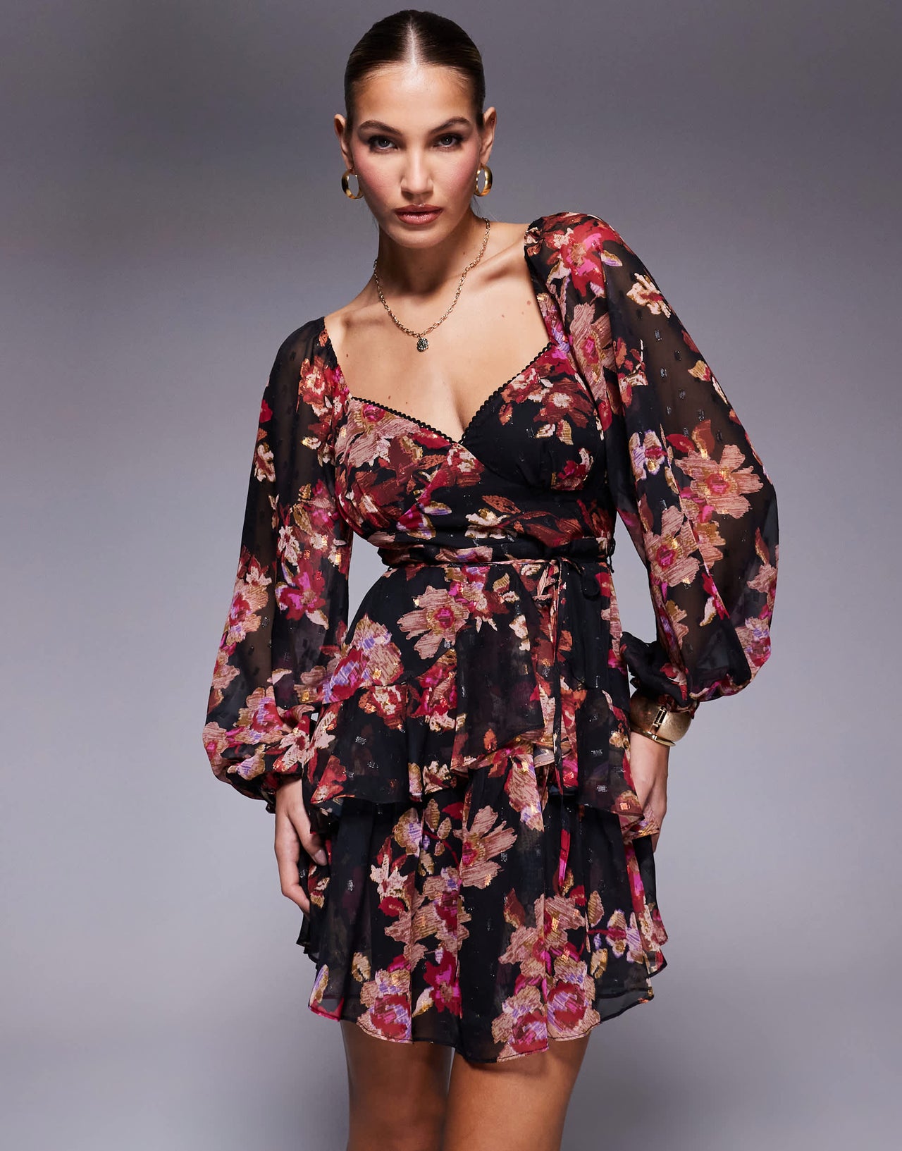 Lulus balloon sleeve mini dress in black floral