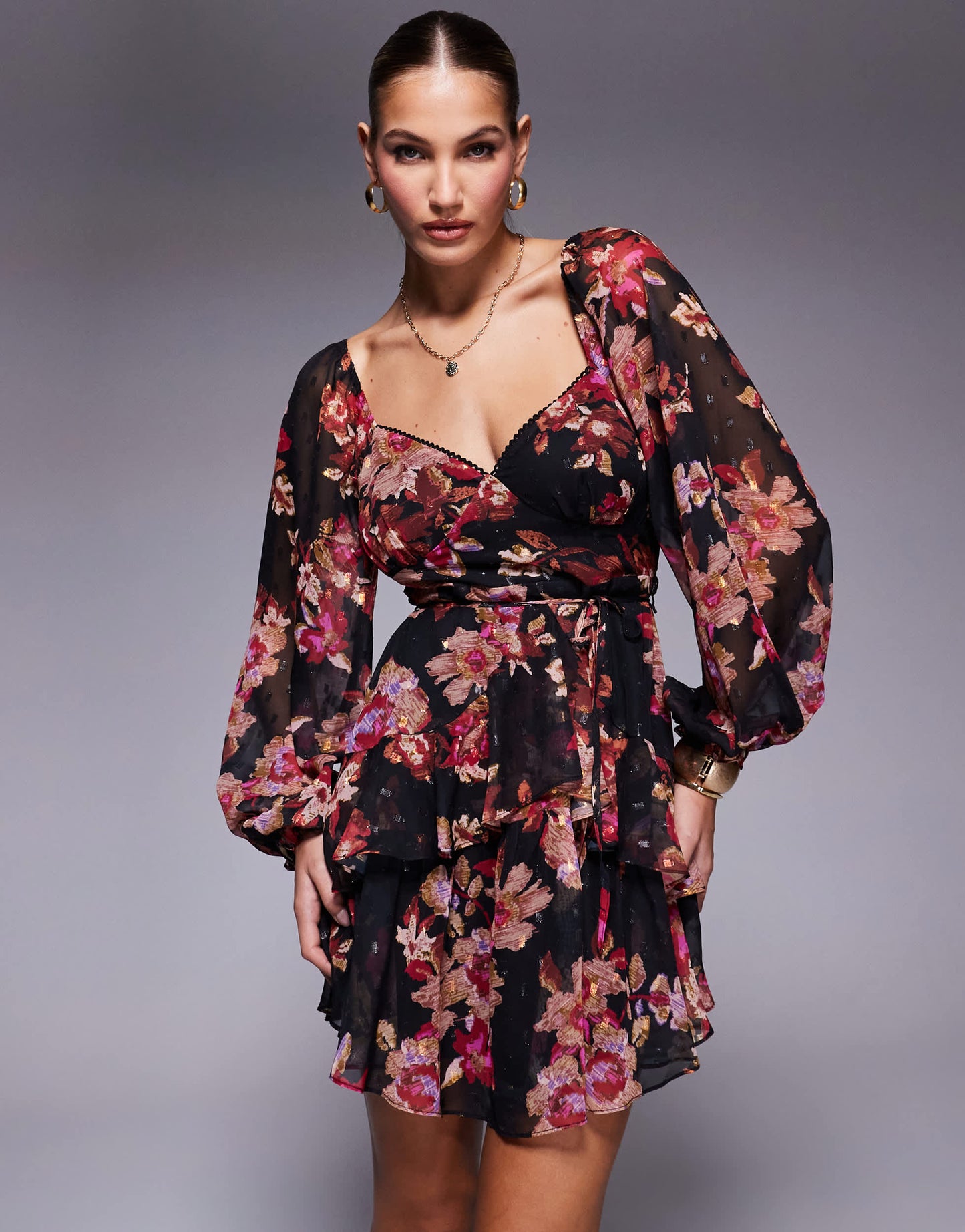 Lulus balloon sleeve mini dress in black floral