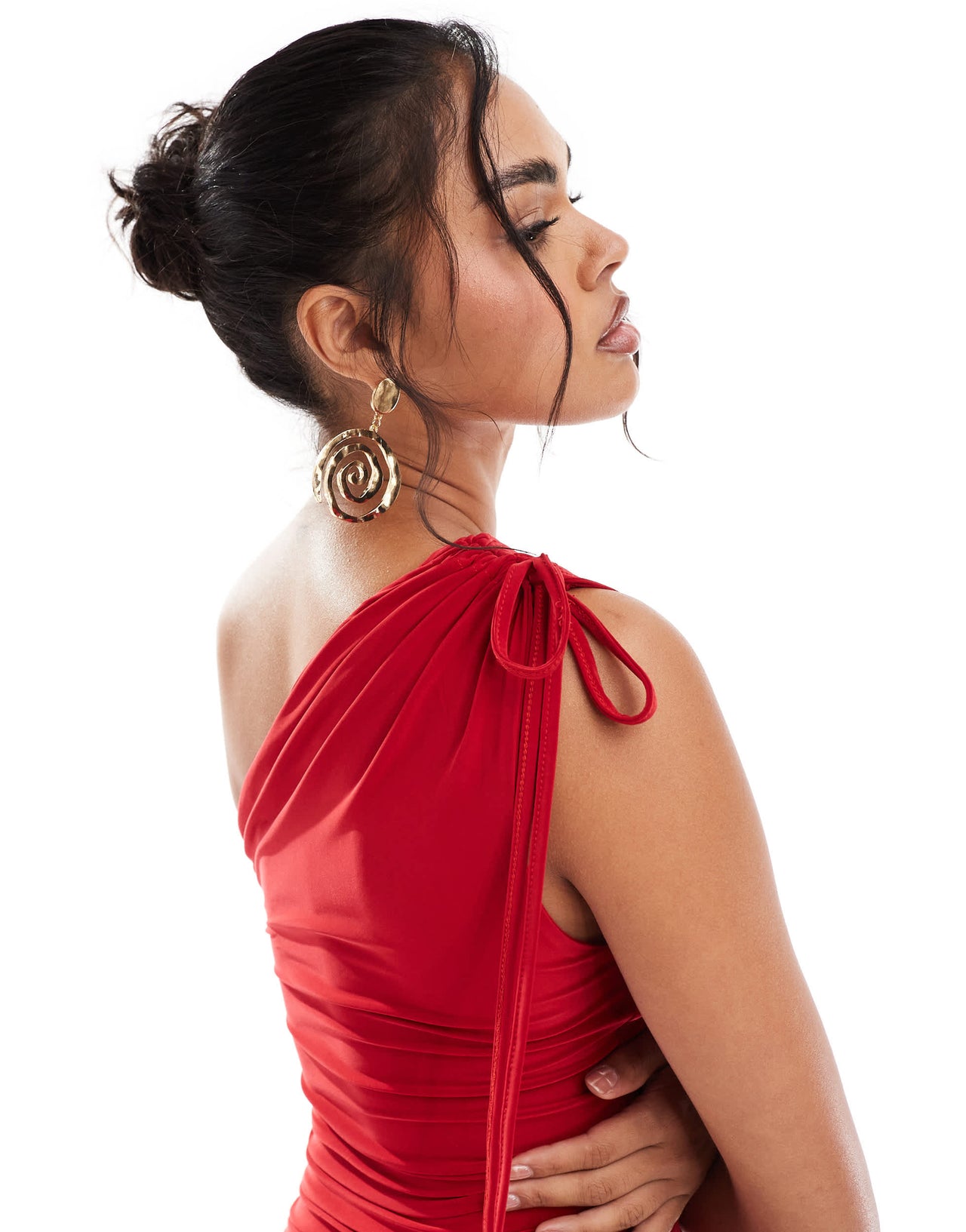 Kaiia exclusive double layered slinky one shoulder drawstring detail bodycon maxi dress in red